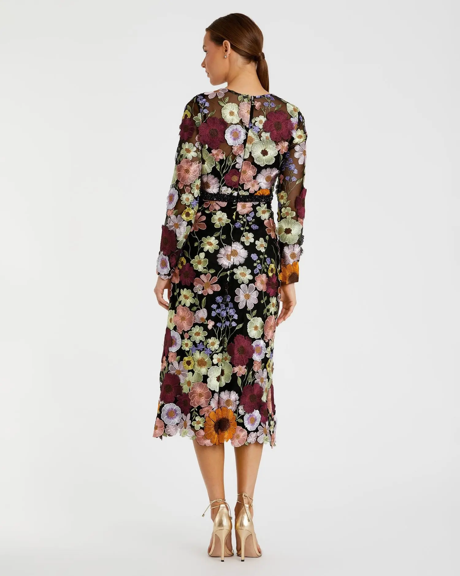 Multicolor Floral Embroidered A-Line Midi Dress - Image 3