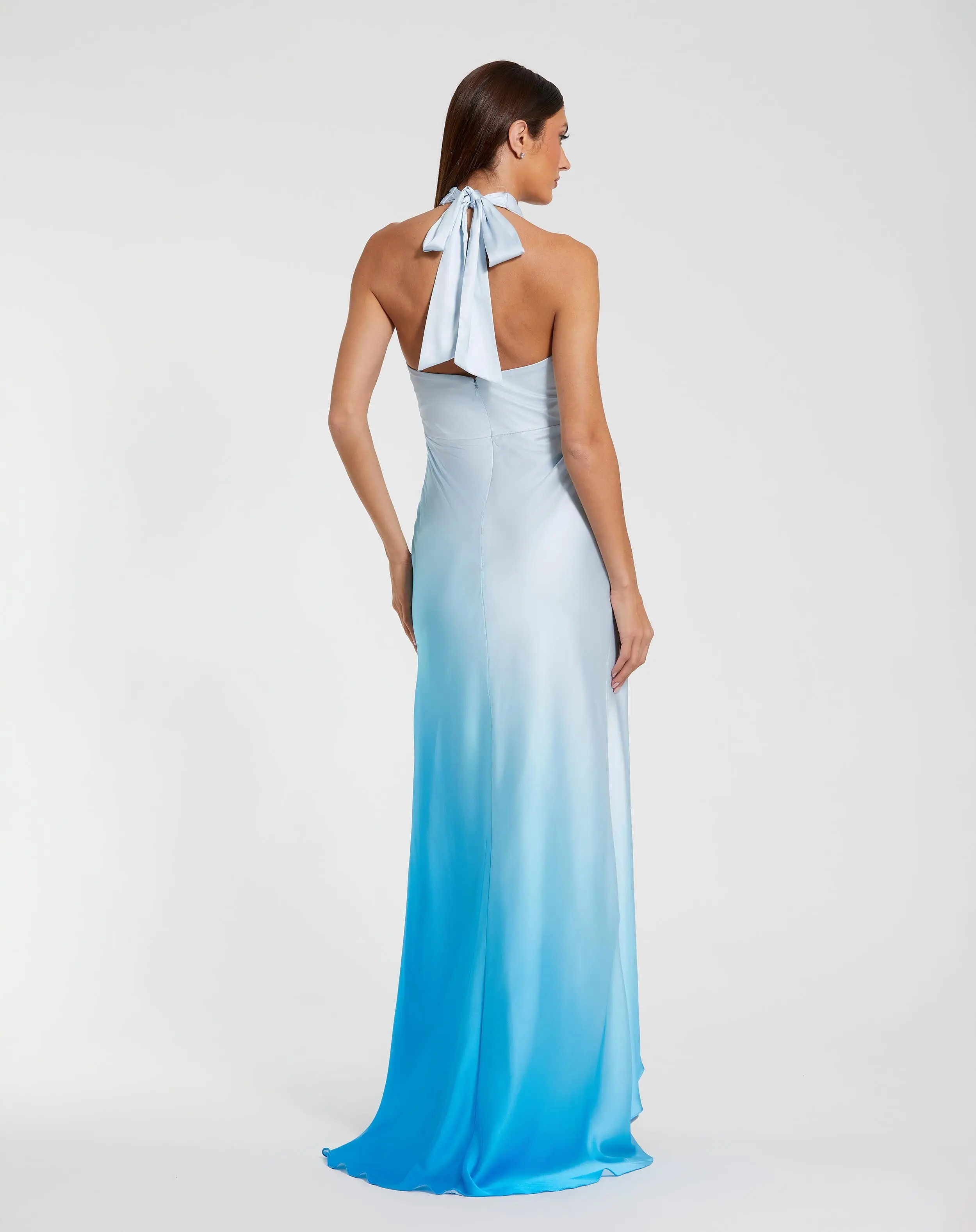 Blue Charmeuse Tie Halter Neck Ombre Gown - Image 2