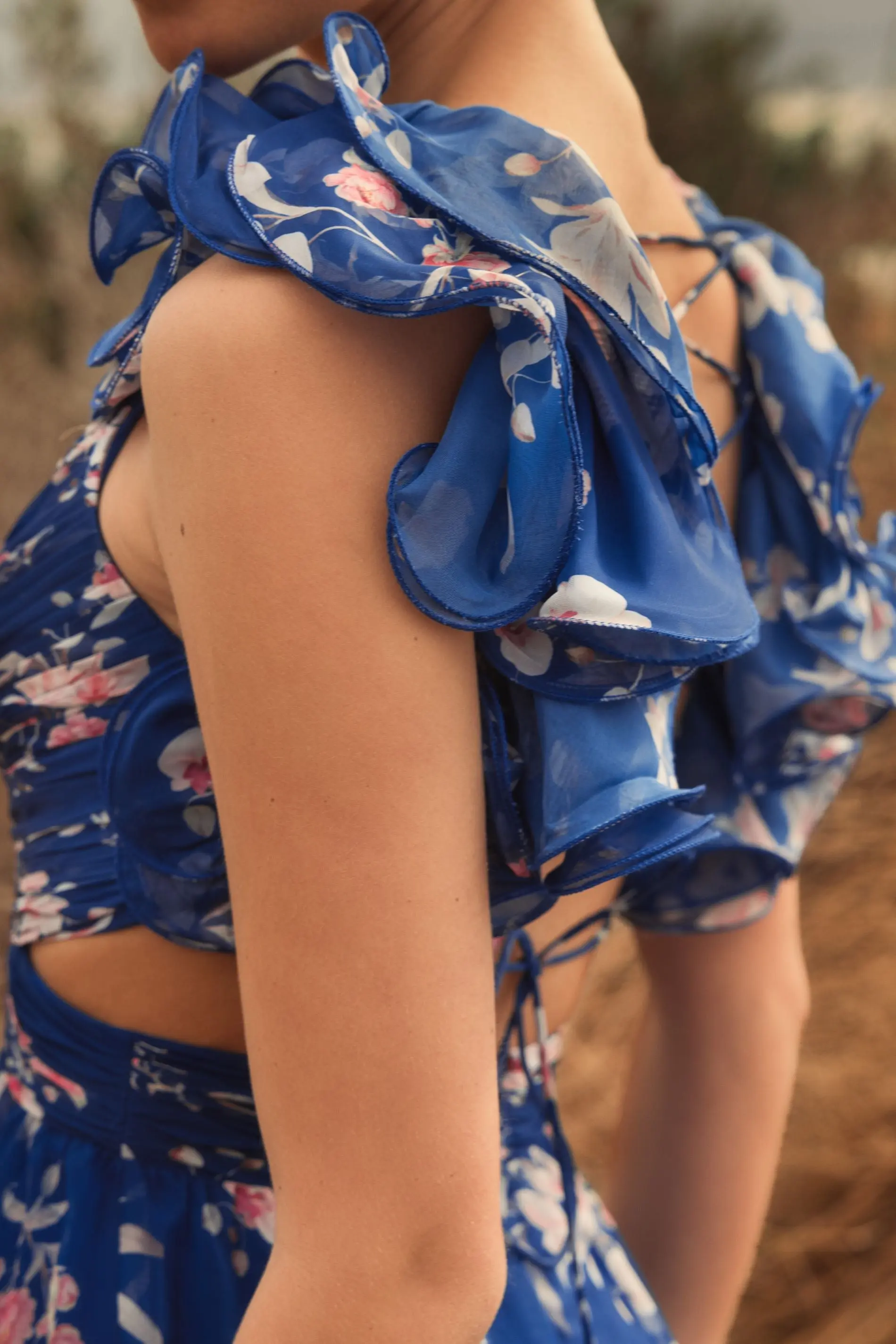 Blue Ruffle Tiered Floral Cut-Out Chiffon Gown - Image 5