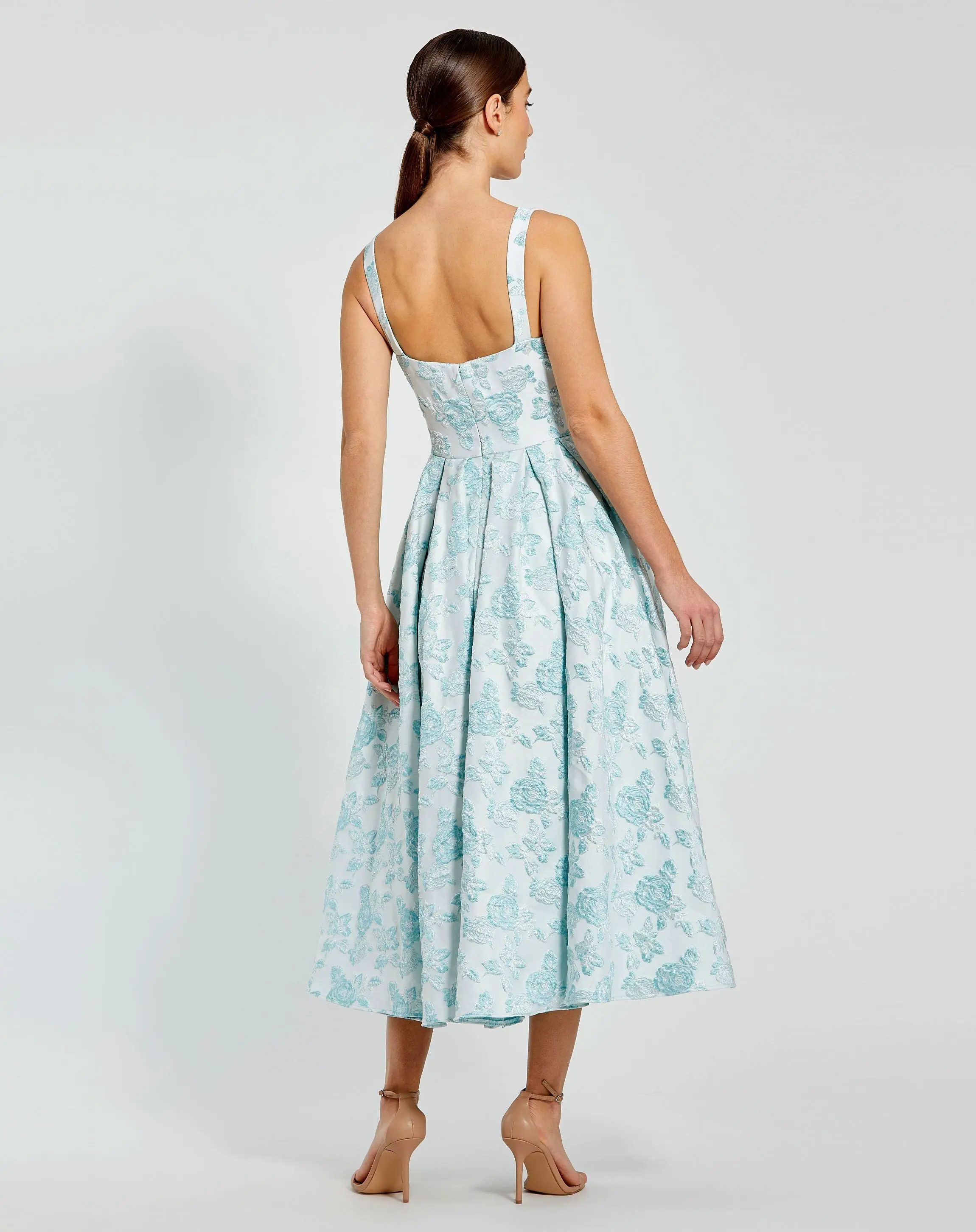 Blue Sleeveless Large Bow Detail Floral Brocade Dress - Image 3