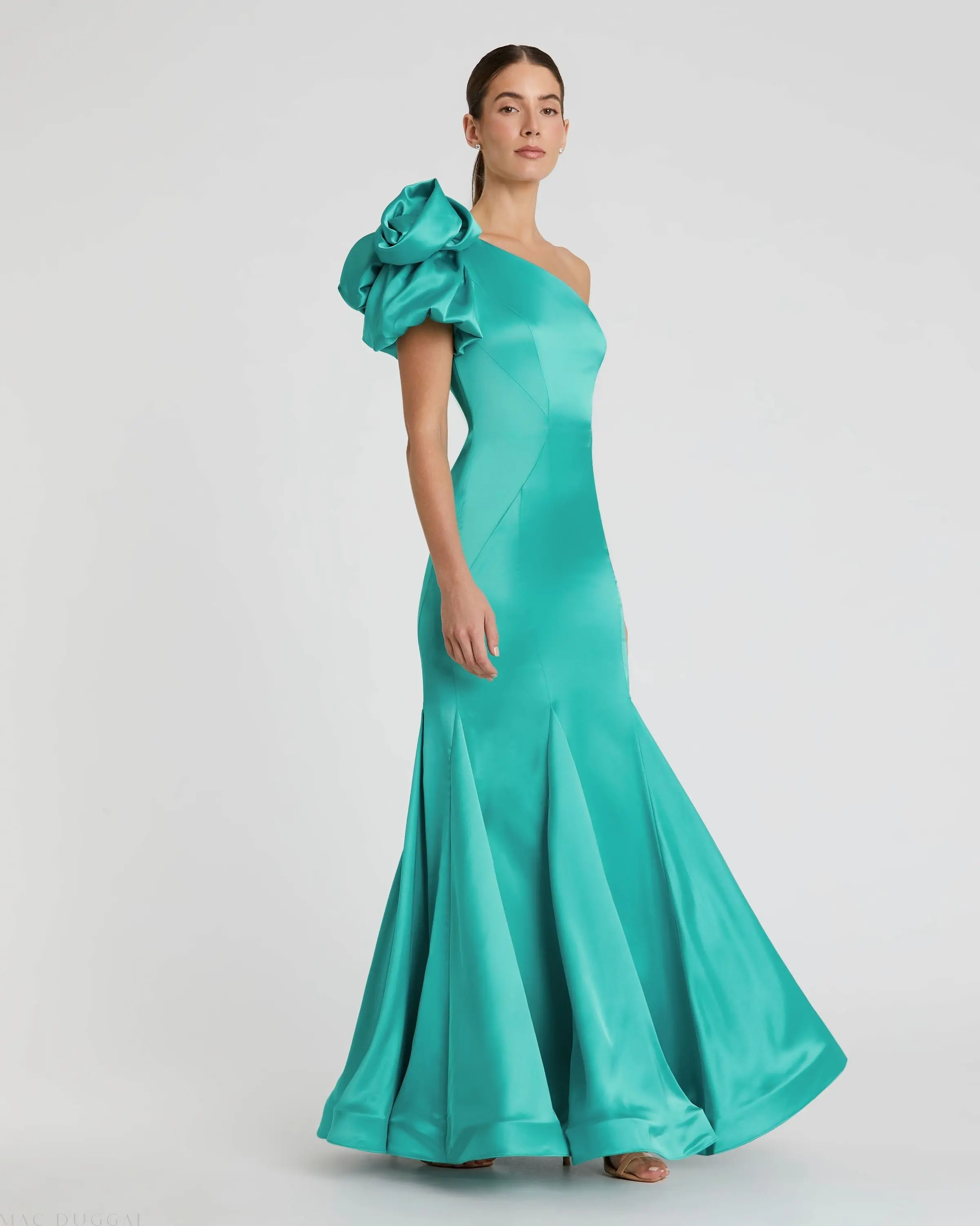 Green One Shoulder Bustier Satin Mermaid Gown - Image 3