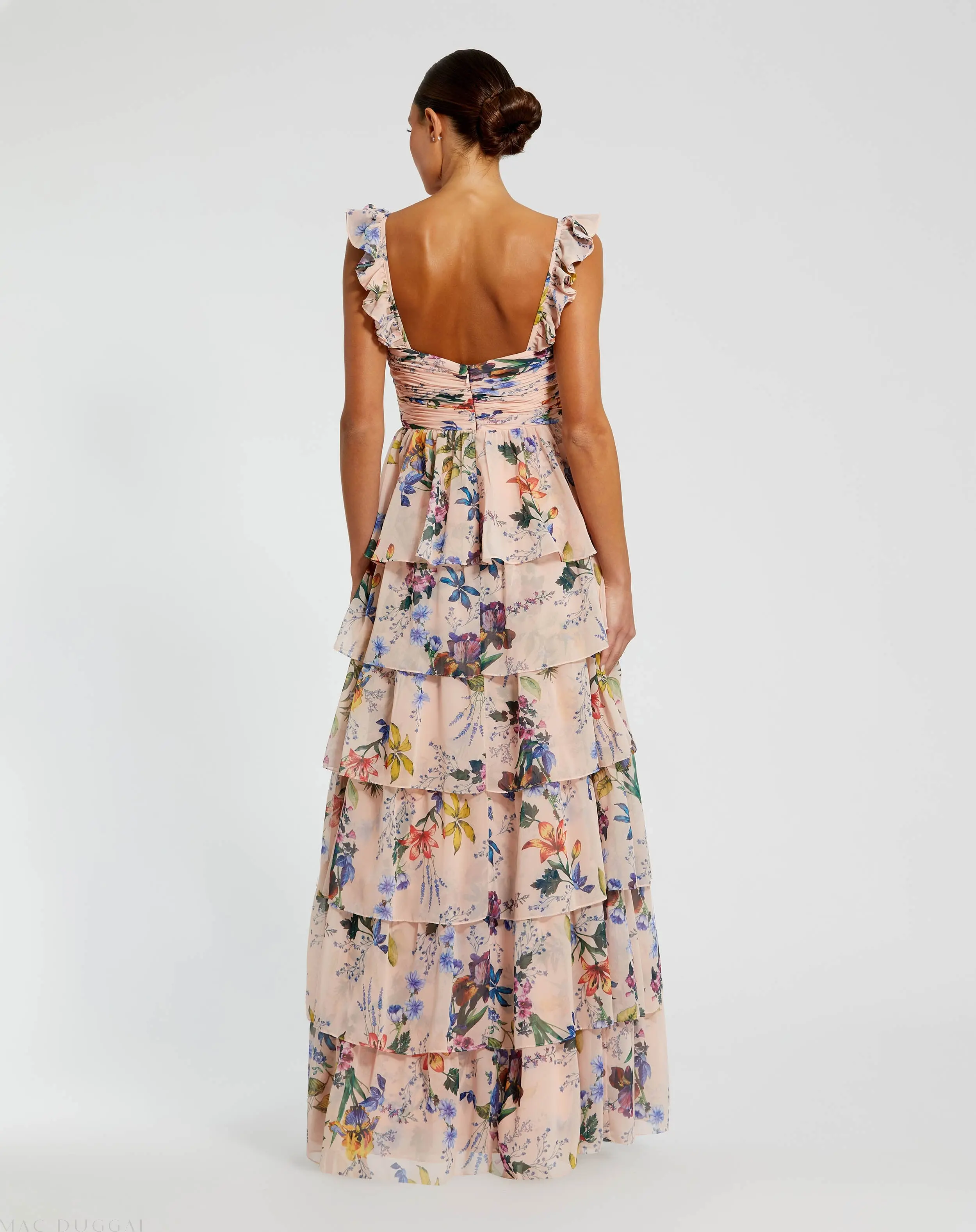 Pink Ruffle Sleeveless Chiffon Tiered Floral Print Gown - Image 3