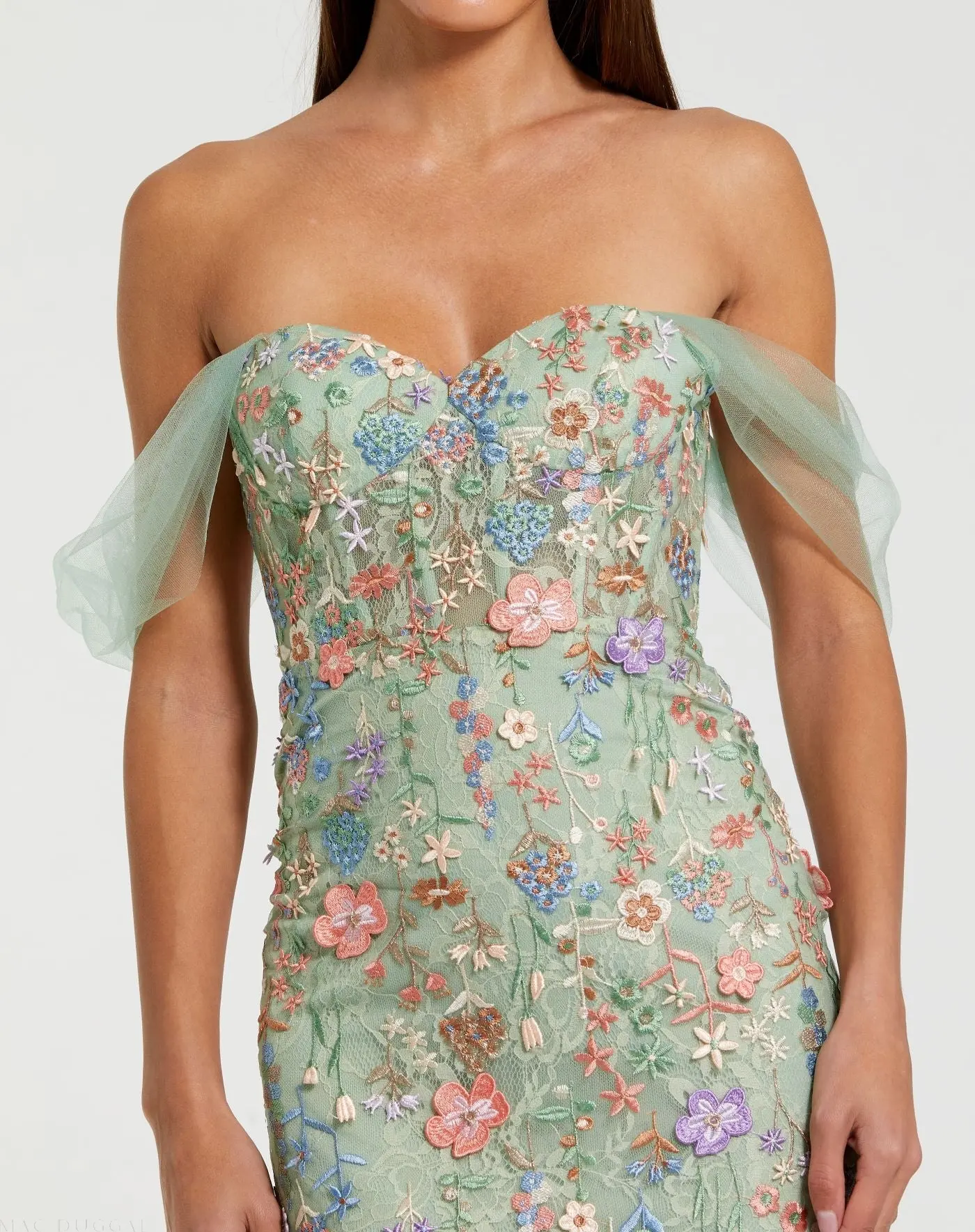 Green Off-the-Shoulder Bustier Floral Column Gown - Image 2