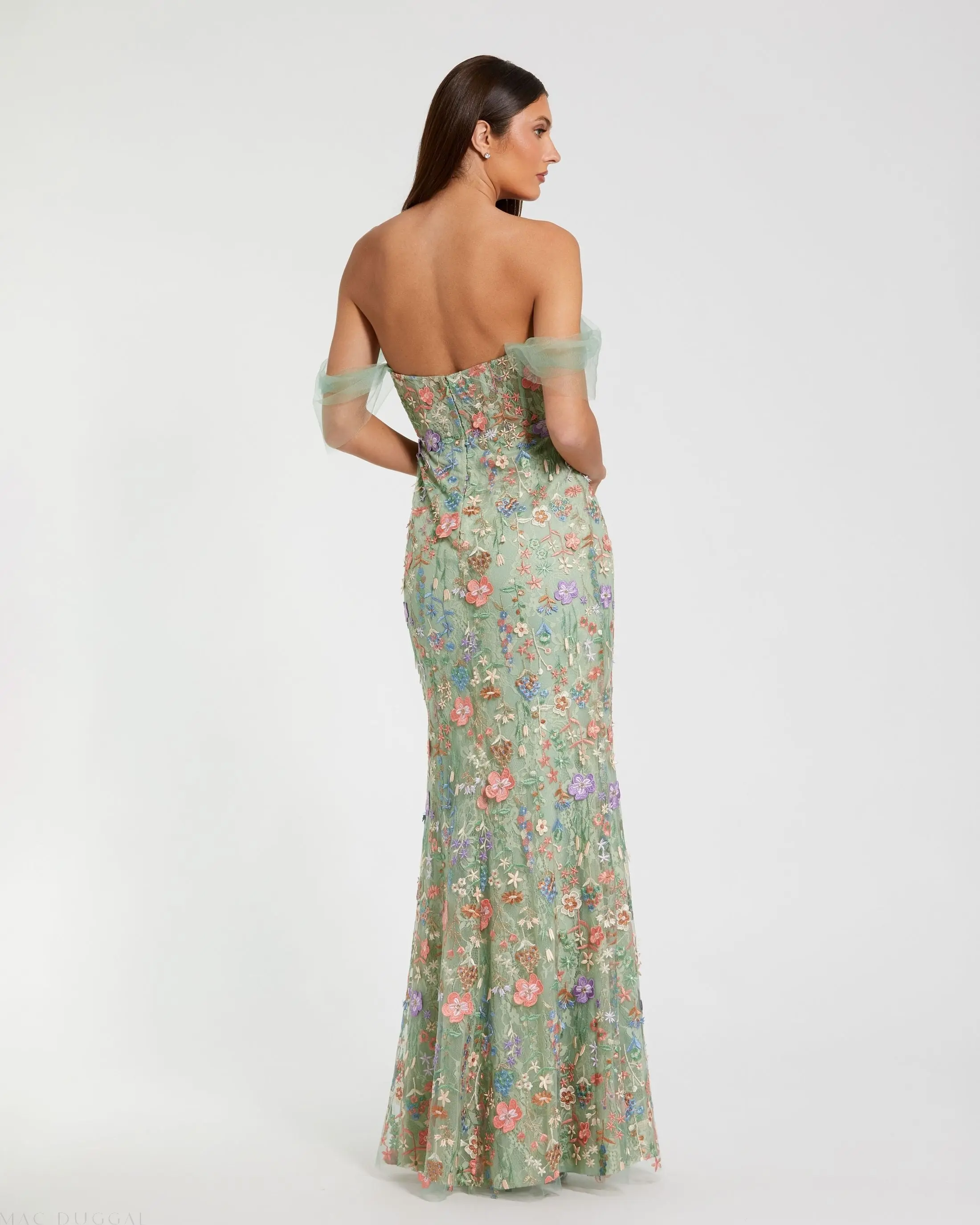 Green Off-the-Shoulder Bustier Floral Column Gown - Image 3