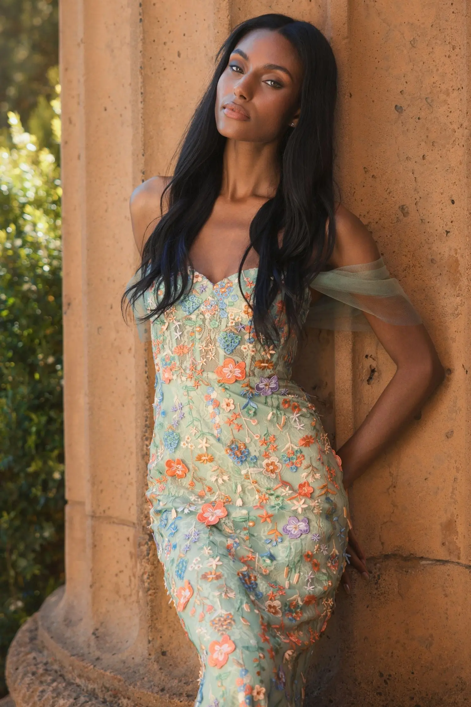 Green Off-the-Shoulder Bustier Floral Column Gown - Image 5