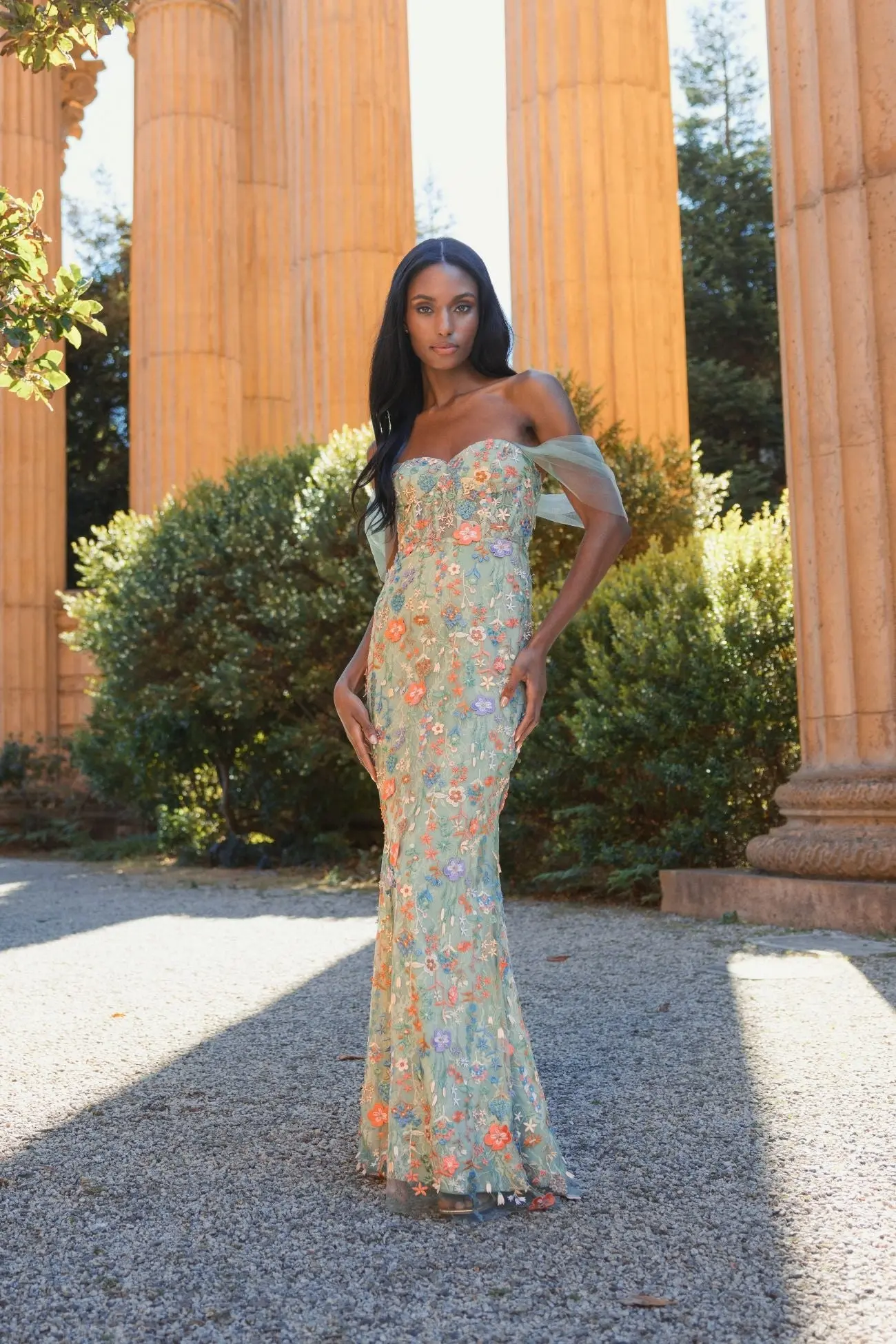 Green Off-the-Shoulder Bustier Floral Column Gown - Image 6