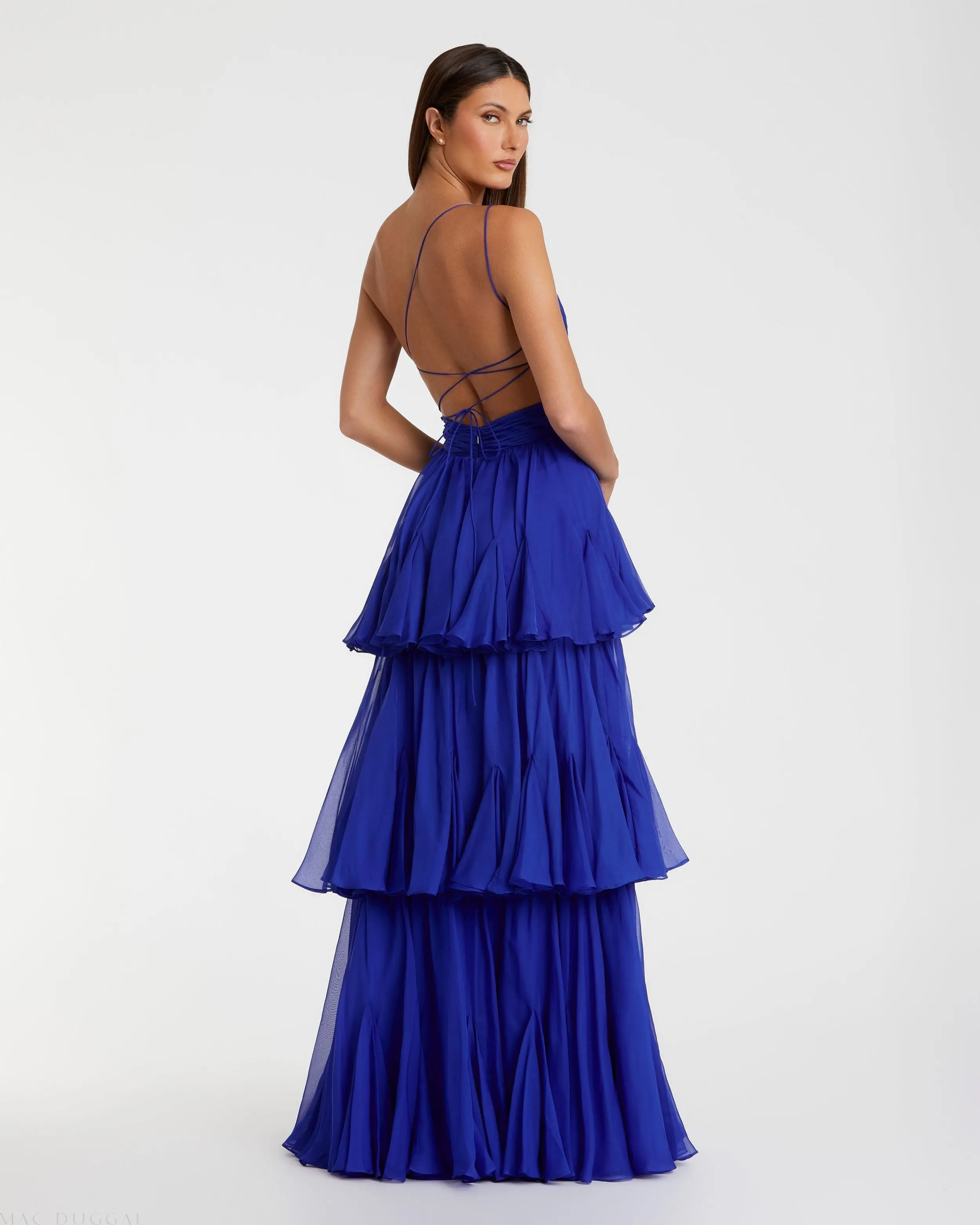 Blue One Shoulder Open Back Chiffon A-Line Gown - Image 2