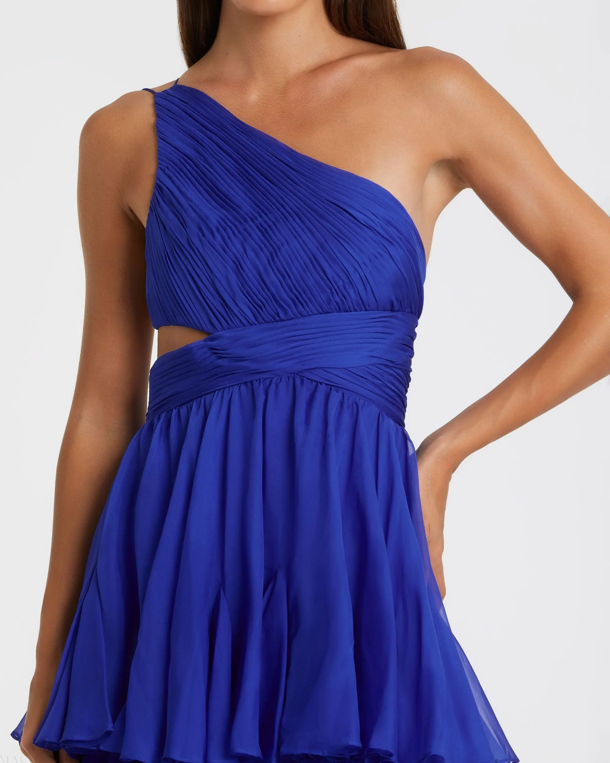Blue One Shoulder Open Back Chiffon A-Line Gown - Image 3