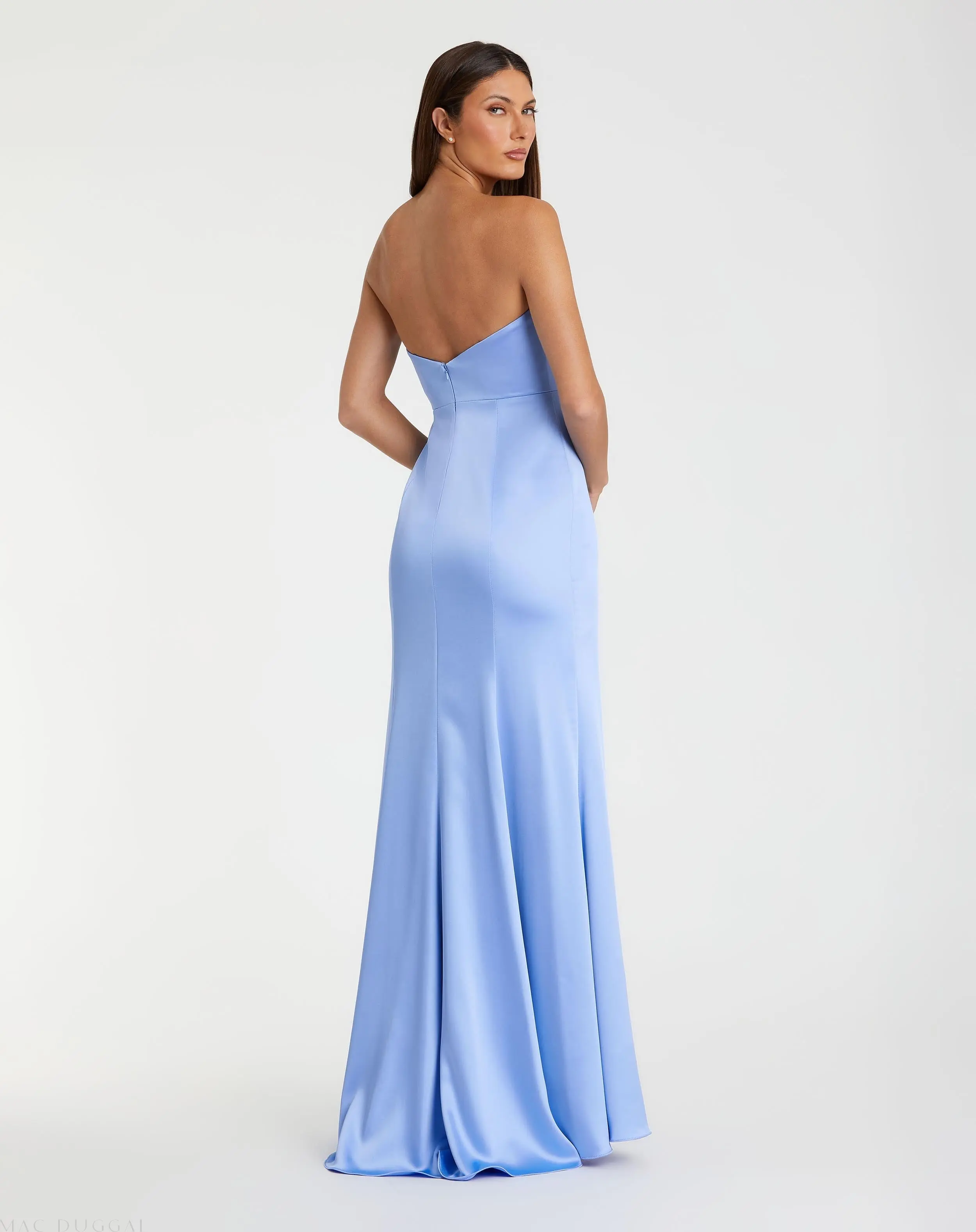 Blue Strapless Satin Column Gown With 3D Flower - Image 3