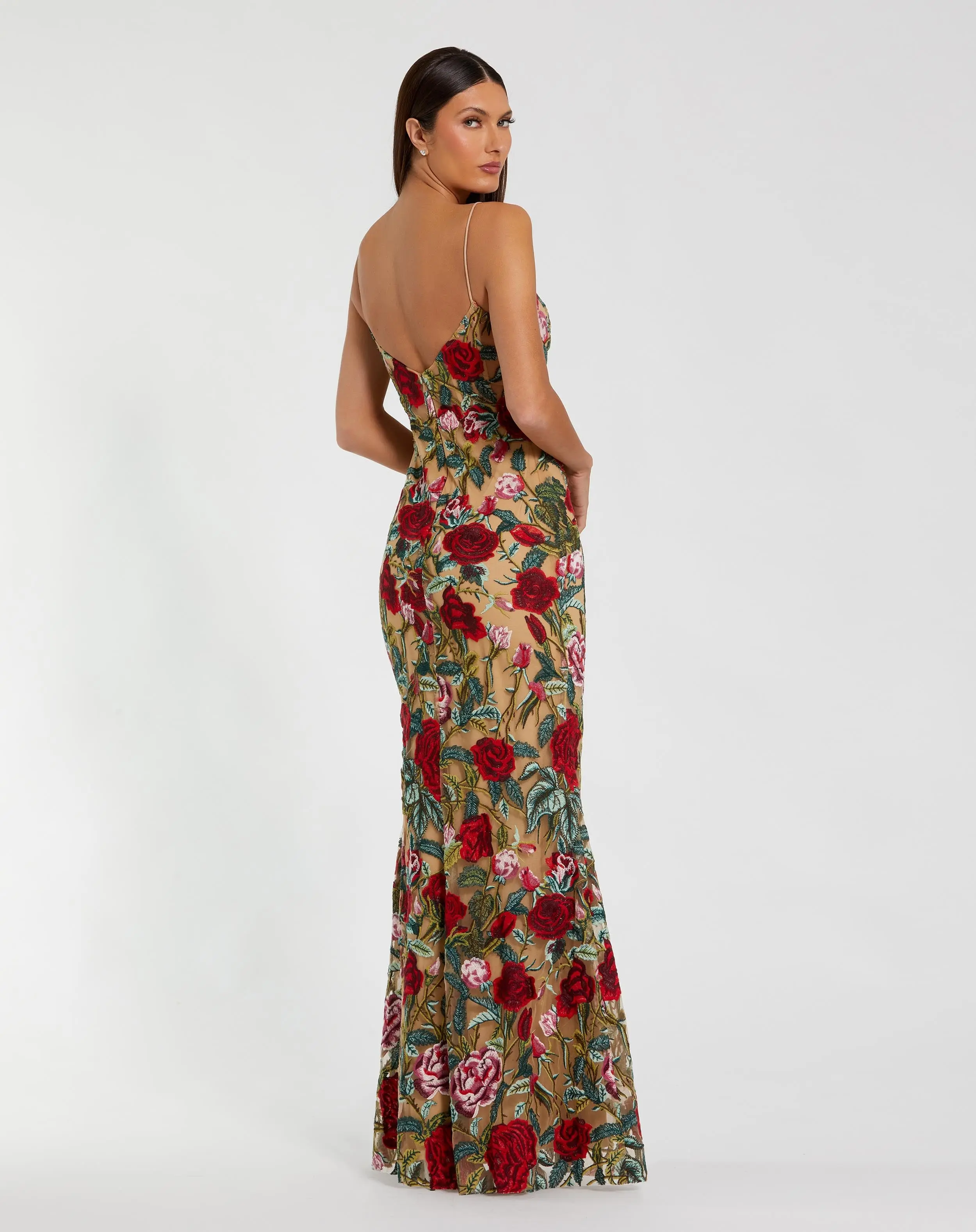 Beige Multicolor Embroidered Spaghetti Strap Floral Gown - Image 3
