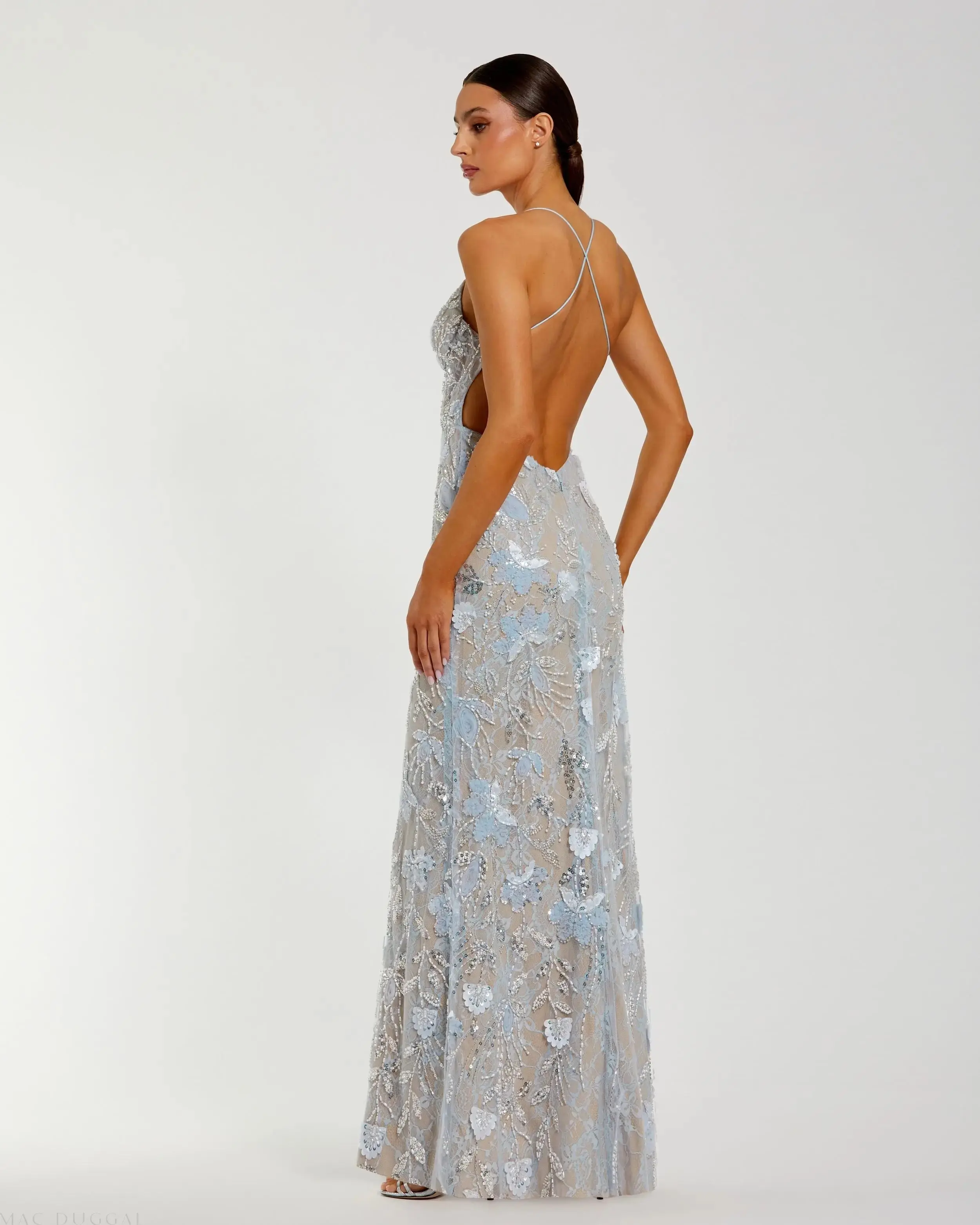 Blue Sleeveless Embellished Open Back Column Gown - Image 2