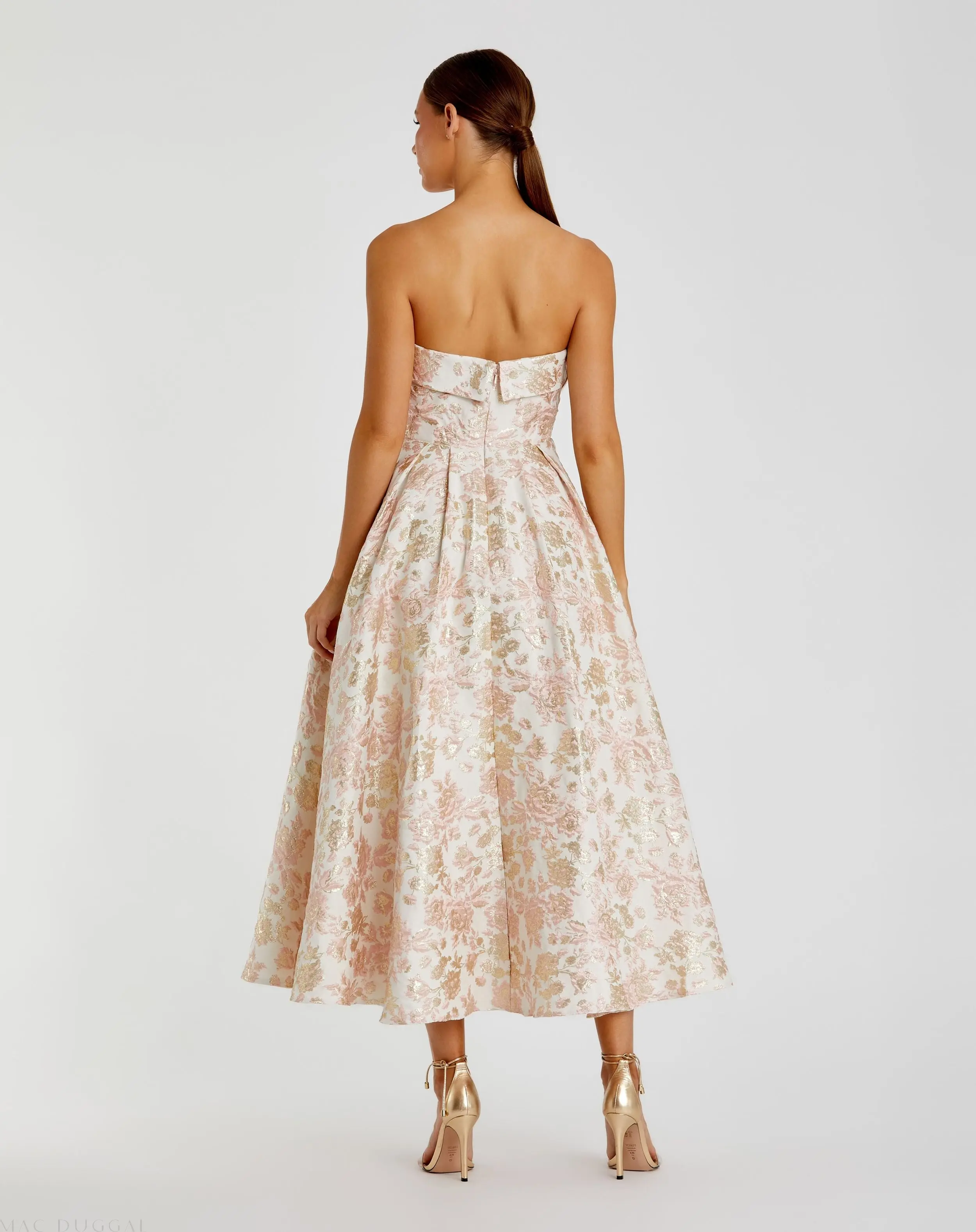 Pink and White Strapless Floral Brocade A Line Midi Dress - Image 3