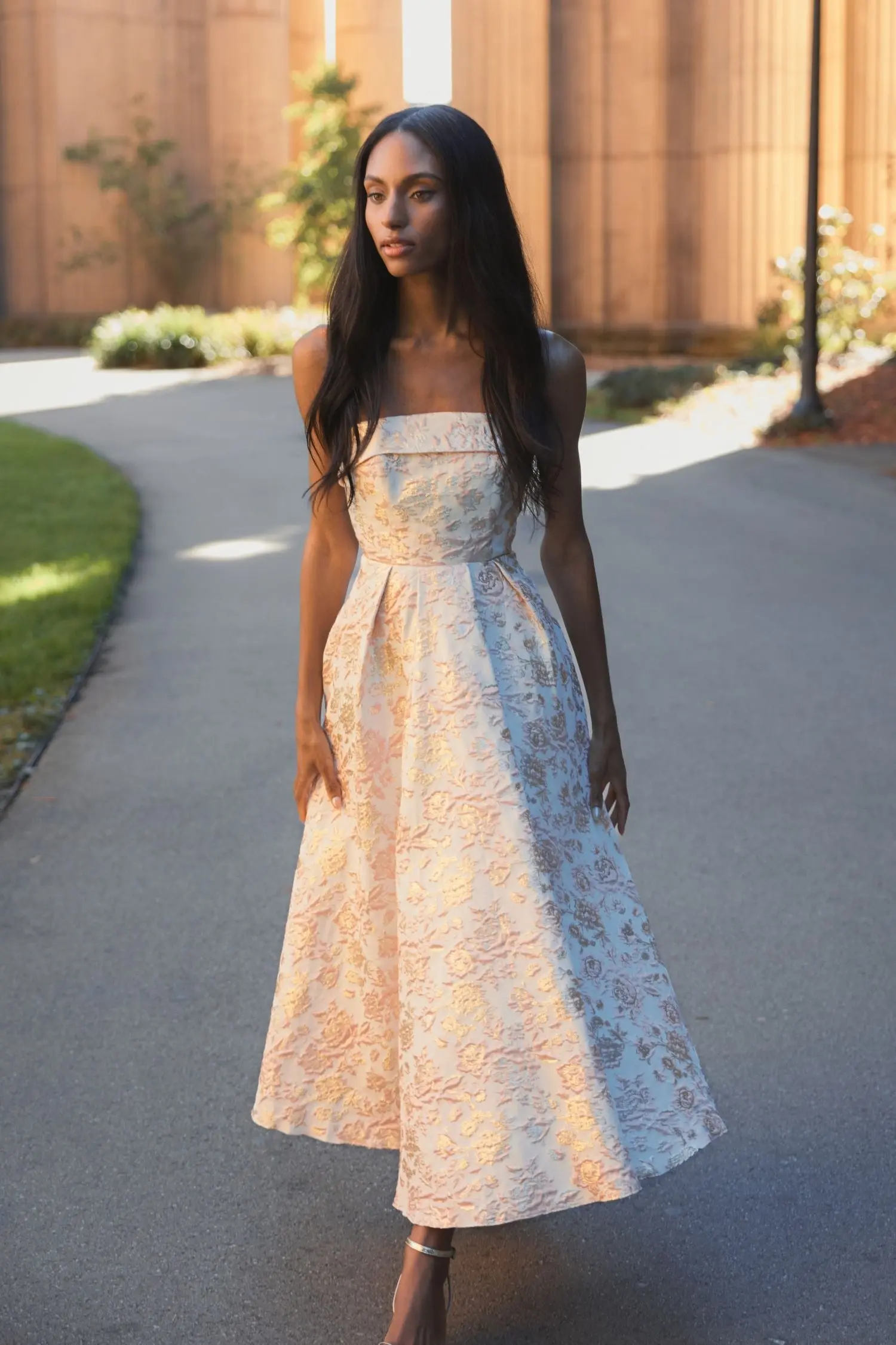 Pink and White Strapless Floral Brocade A Line Midi Dress - Image 5