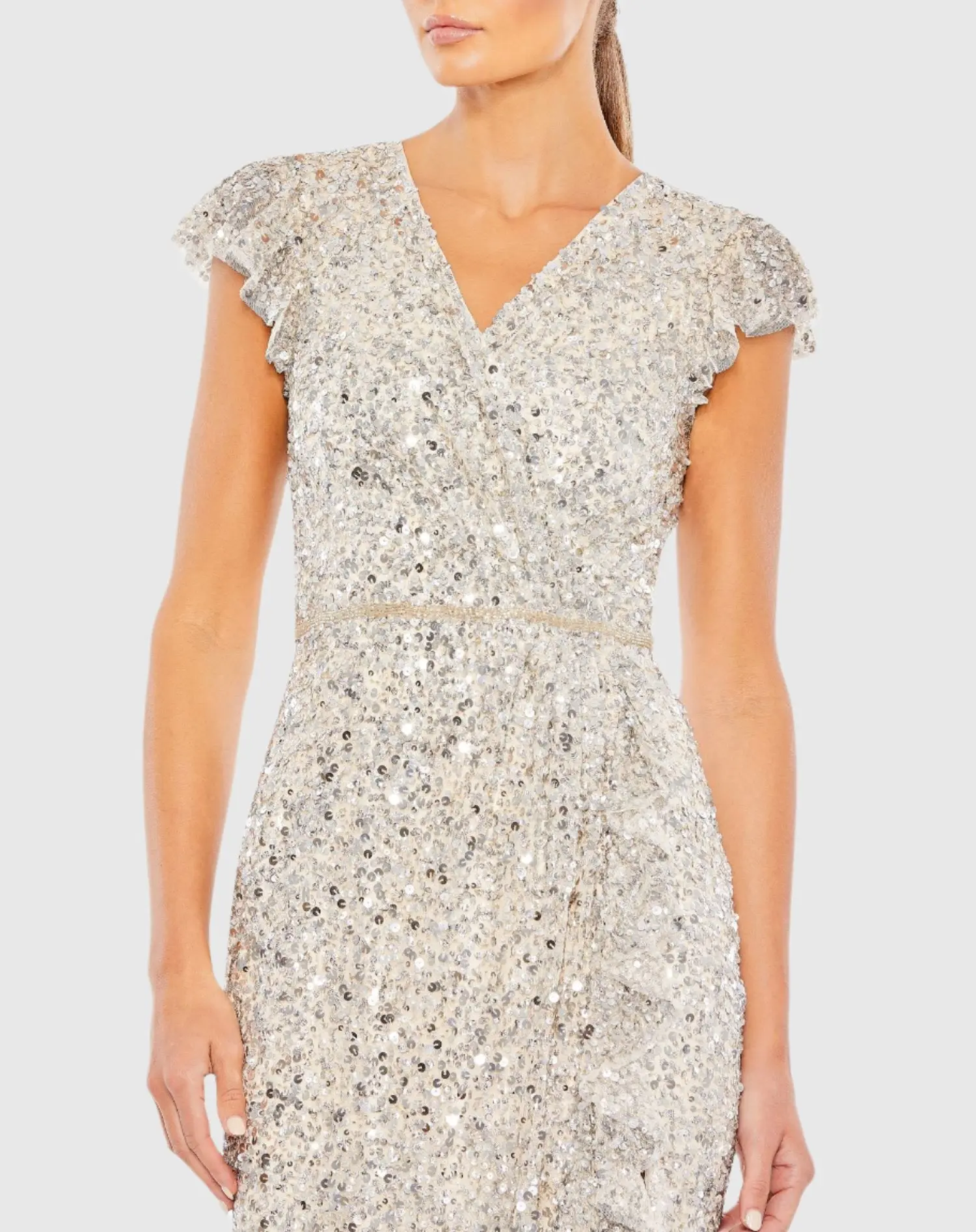 Silver Sequined Faux Wrap Ruffle Cap Sleeve Gown - Image 2