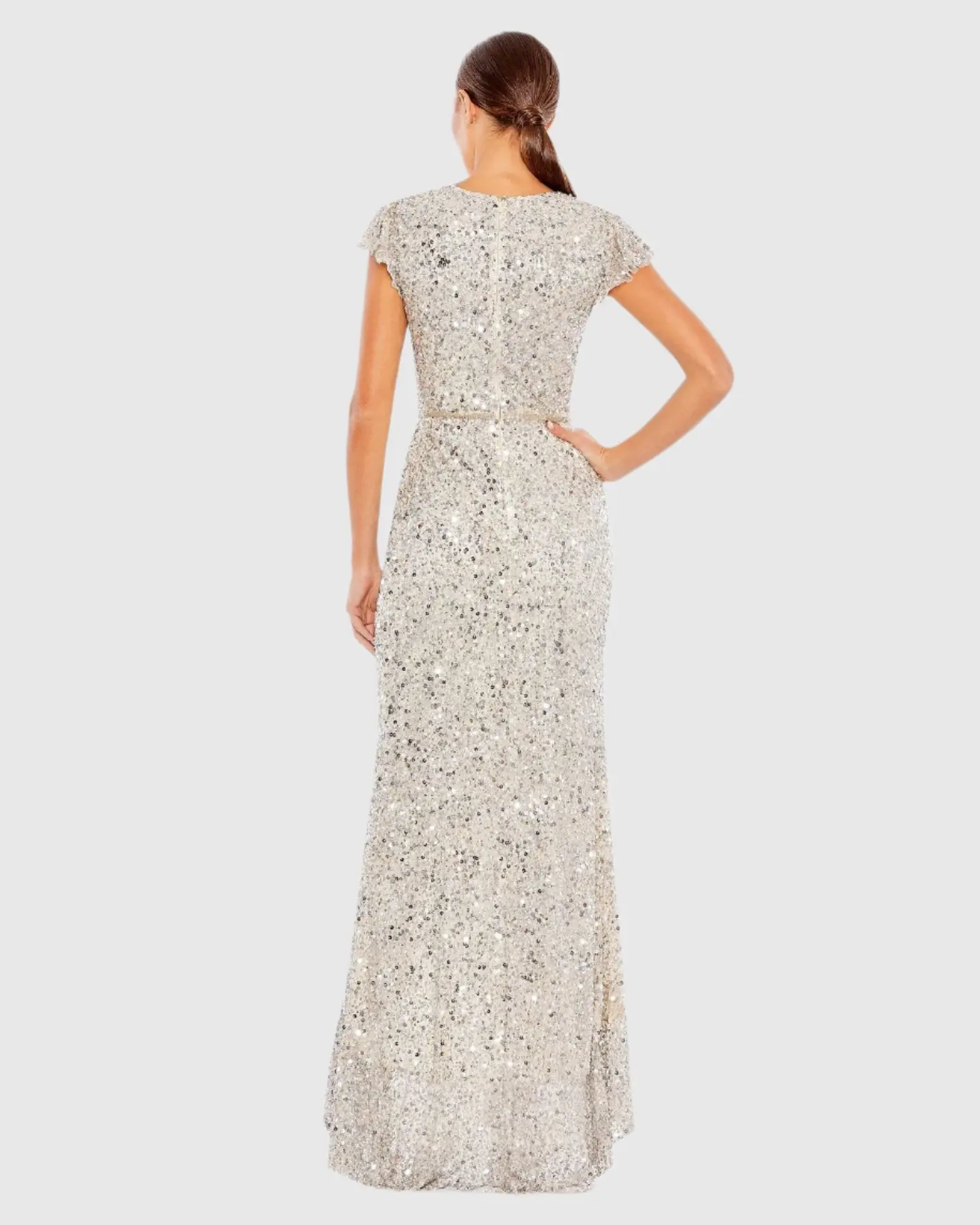 Silver Sequined Faux Wrap Ruffle Cap Sleeve Gown - Image 3
