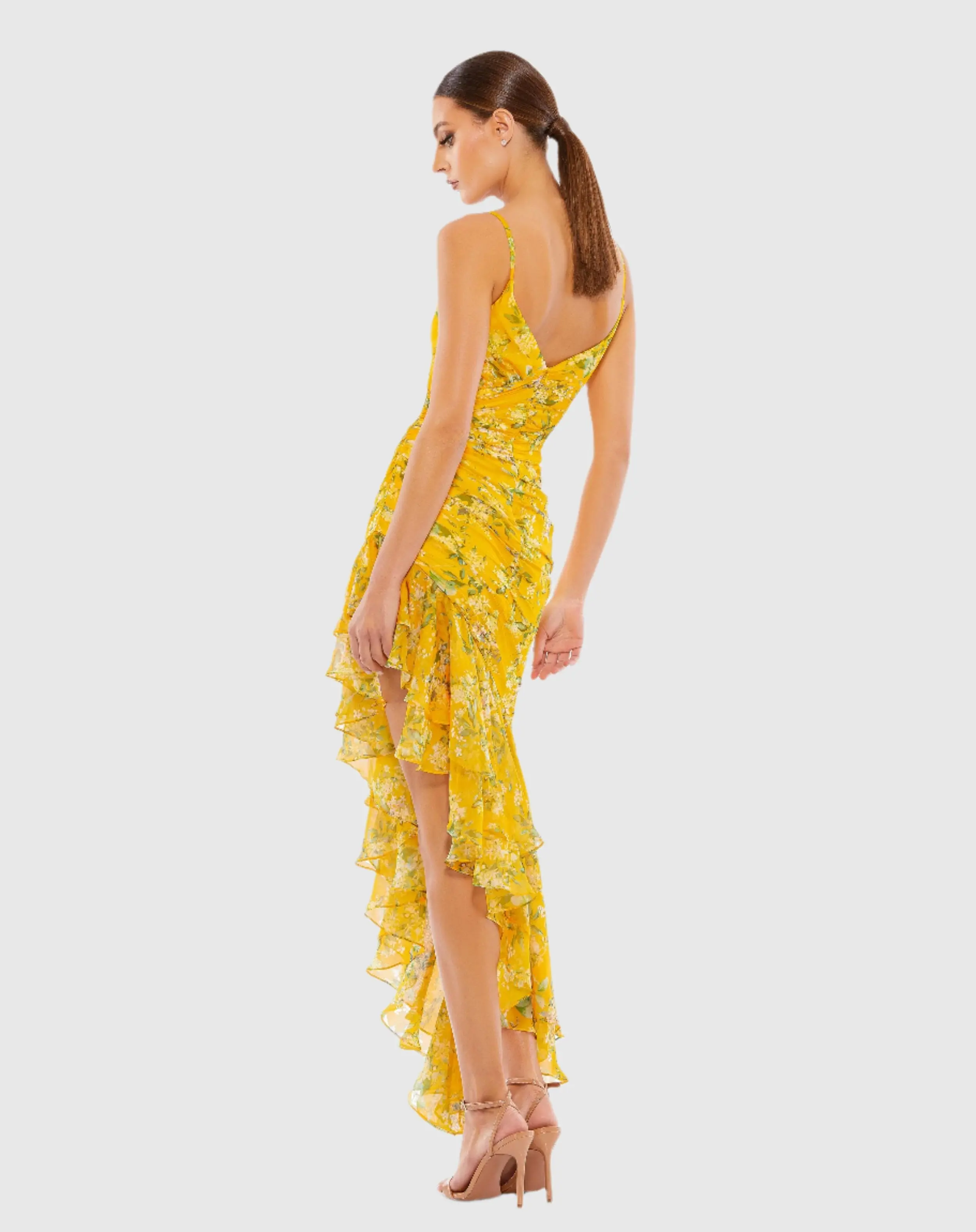 Yellow Floral Ruffle Asymmetrical Hi Low Hem Dress - Image 3