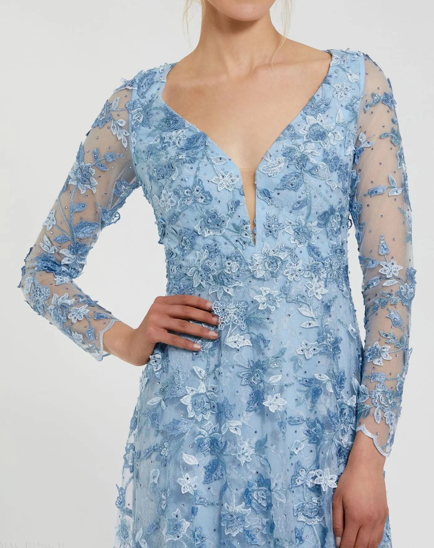 Blue Floral Applique Long Sleeve Illusion Gown - Image 2