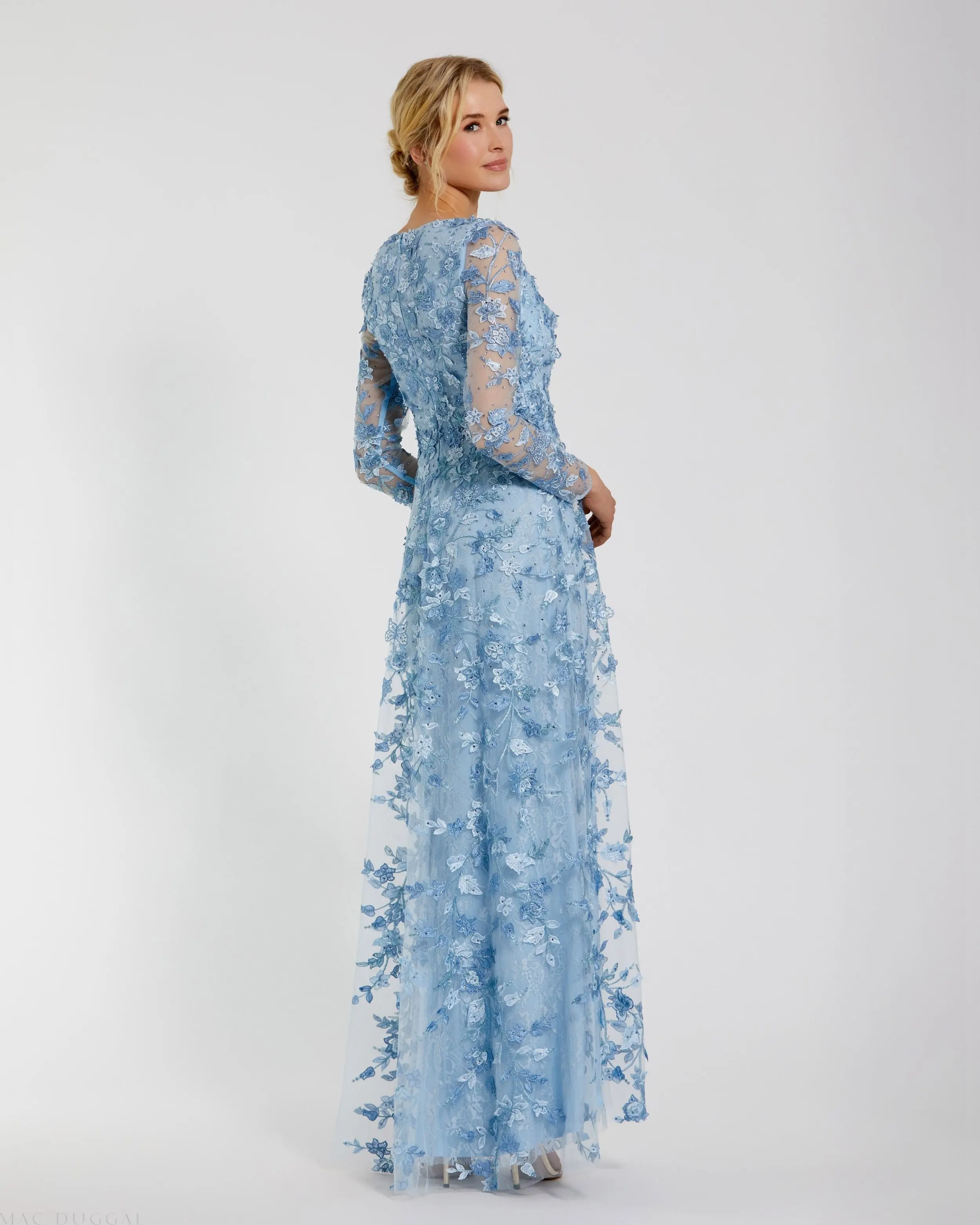 Blue Floral Applique Long Sleeve Illusion Gown - Image 3
