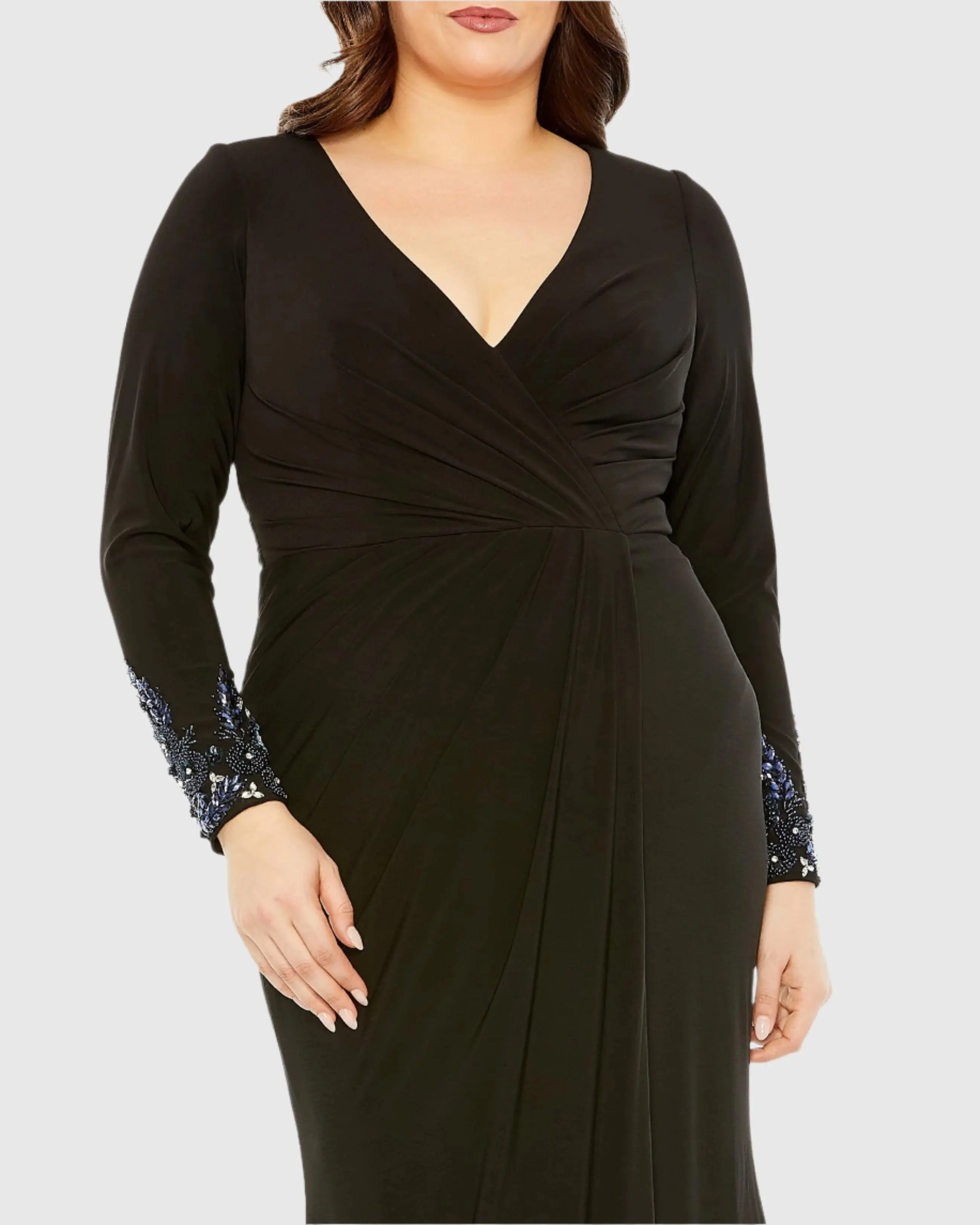 Black Long Crystal Detail Sleeve V Neck Gown - Image 2