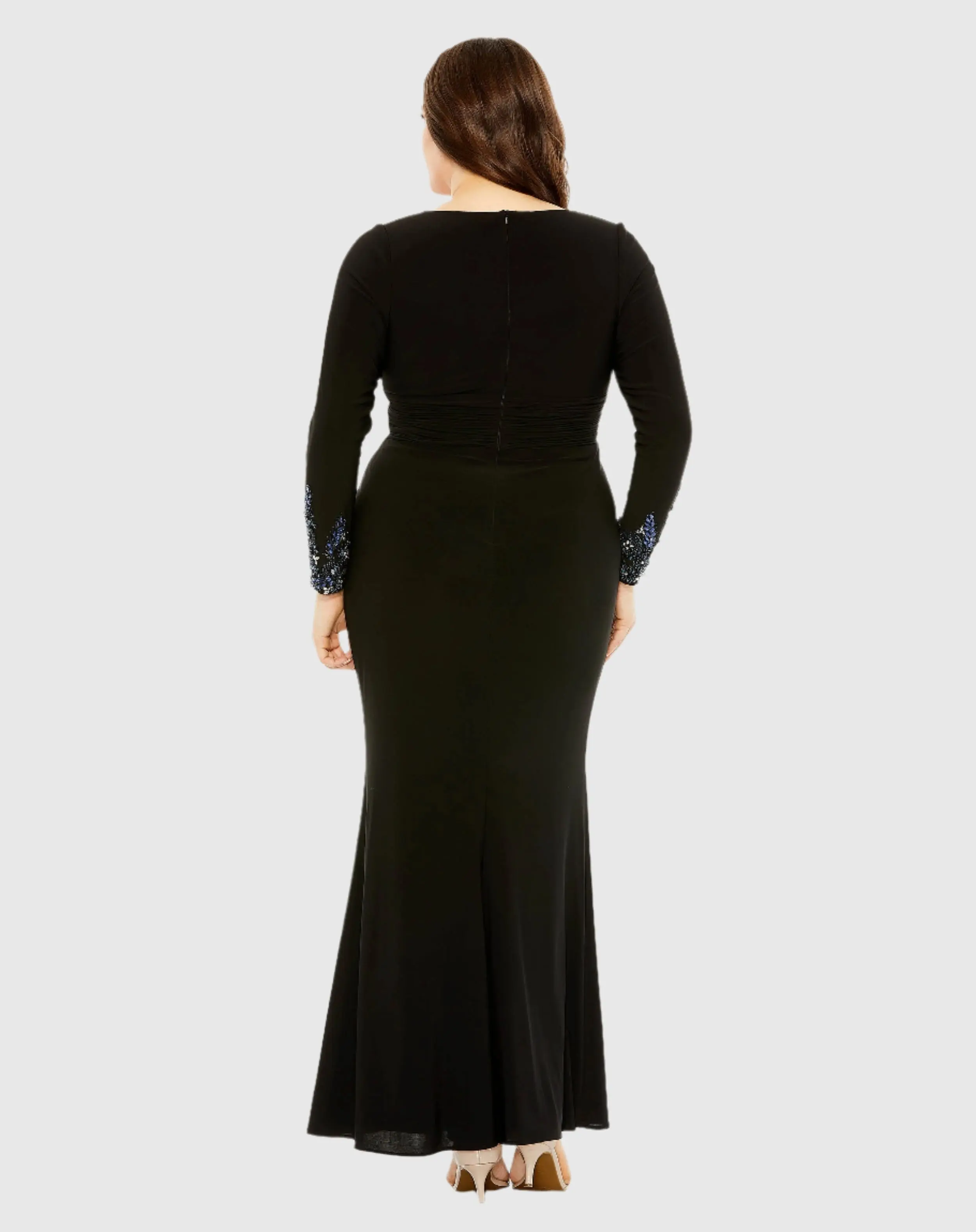 Black Long Crystal Detail Sleeve V Neck Gown - Image 3