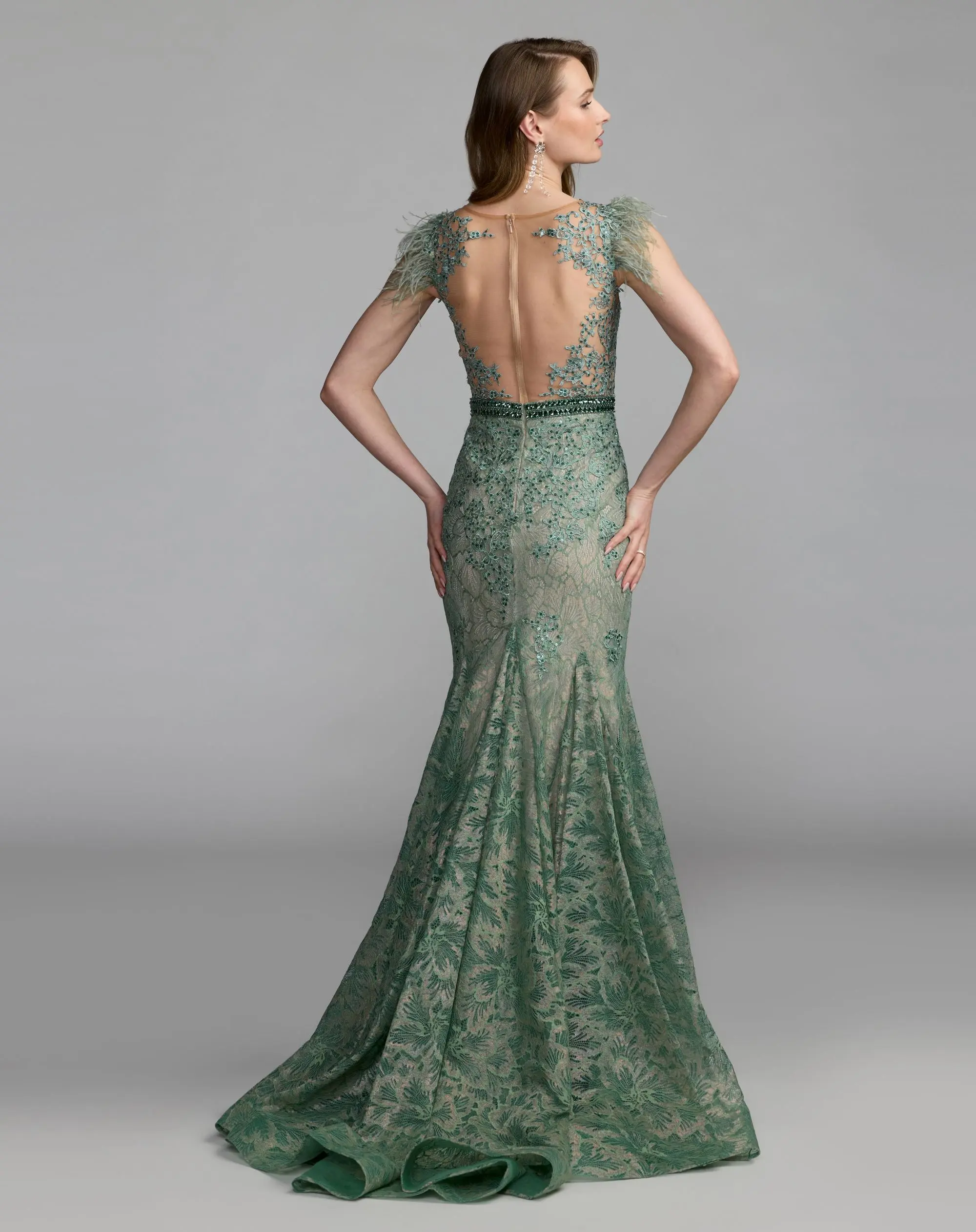 Green Embellished Lace High Neck Gown With Feather Sleeves - Image 6
