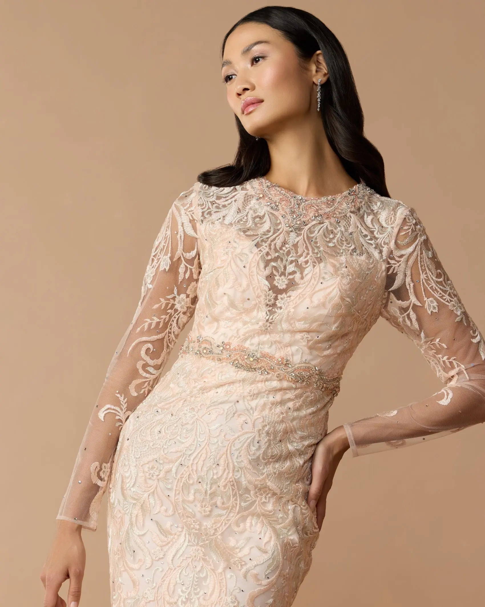 Pink Embroidered Long Sleeve Gown With Feather Hem - Image 2