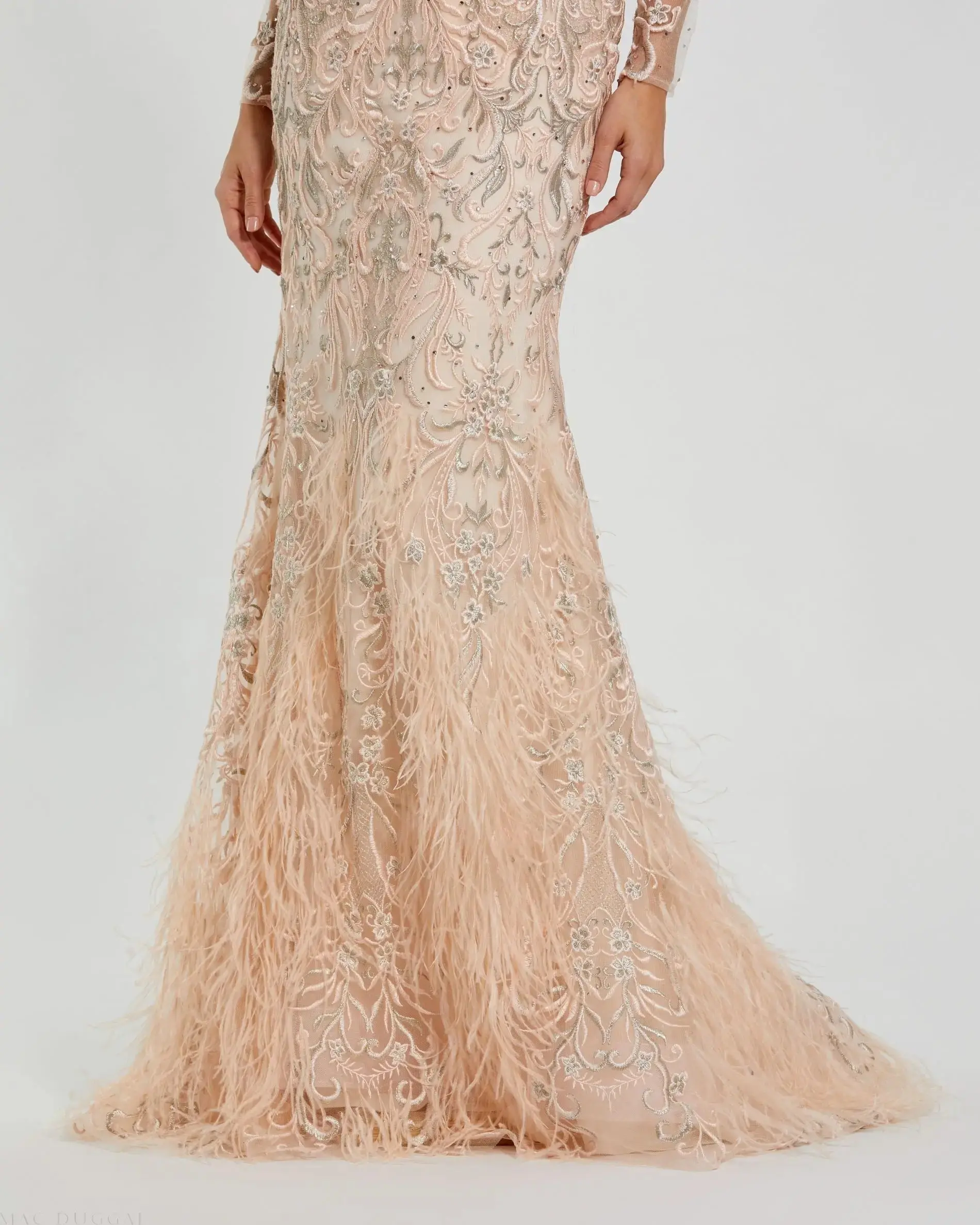 Pink Embroidered Long Sleeve Gown With Feather Hem - Image 6