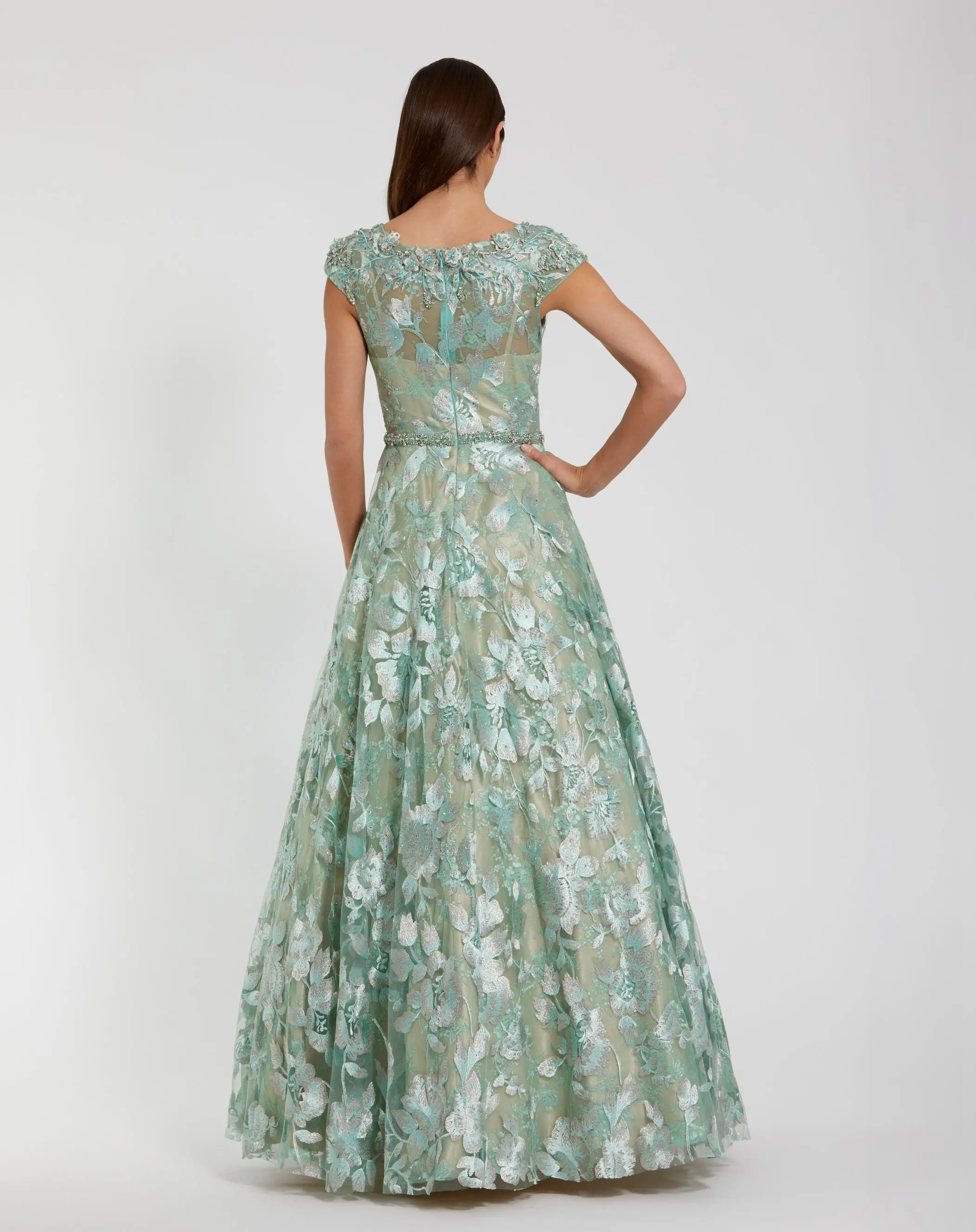 Green Embellished Cap Sleeve High Neck A-Line Ball Gown - Image 3