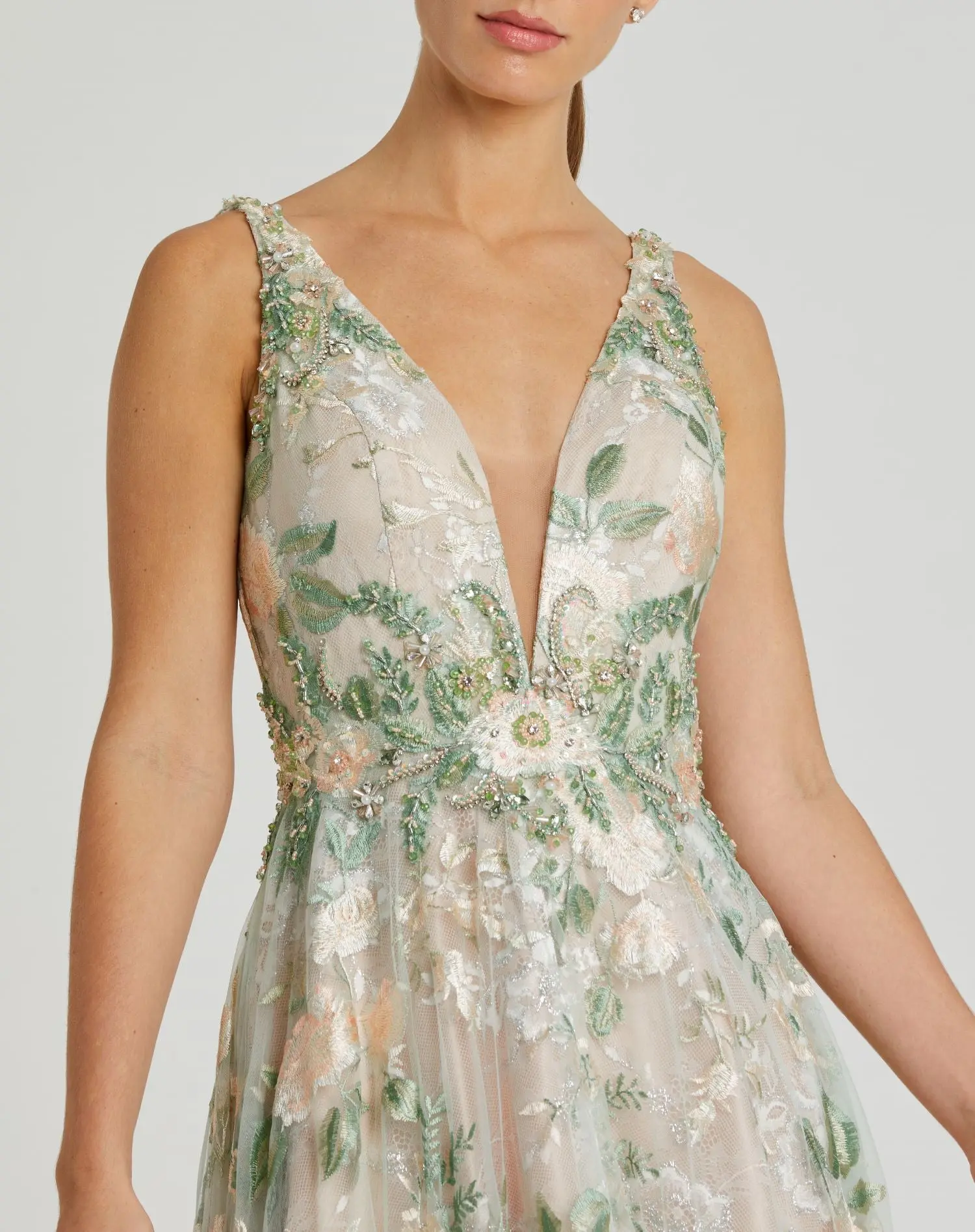 Multicolor Floral Embroidered Illusion V-Neck Gown - Image 2