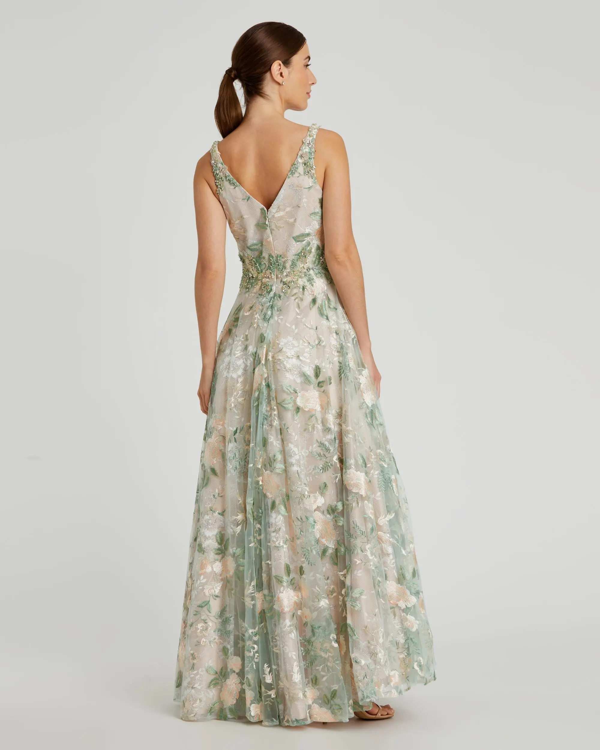Multicolor Floral Embroidered Illusion V-Neck Gown - Image 3
