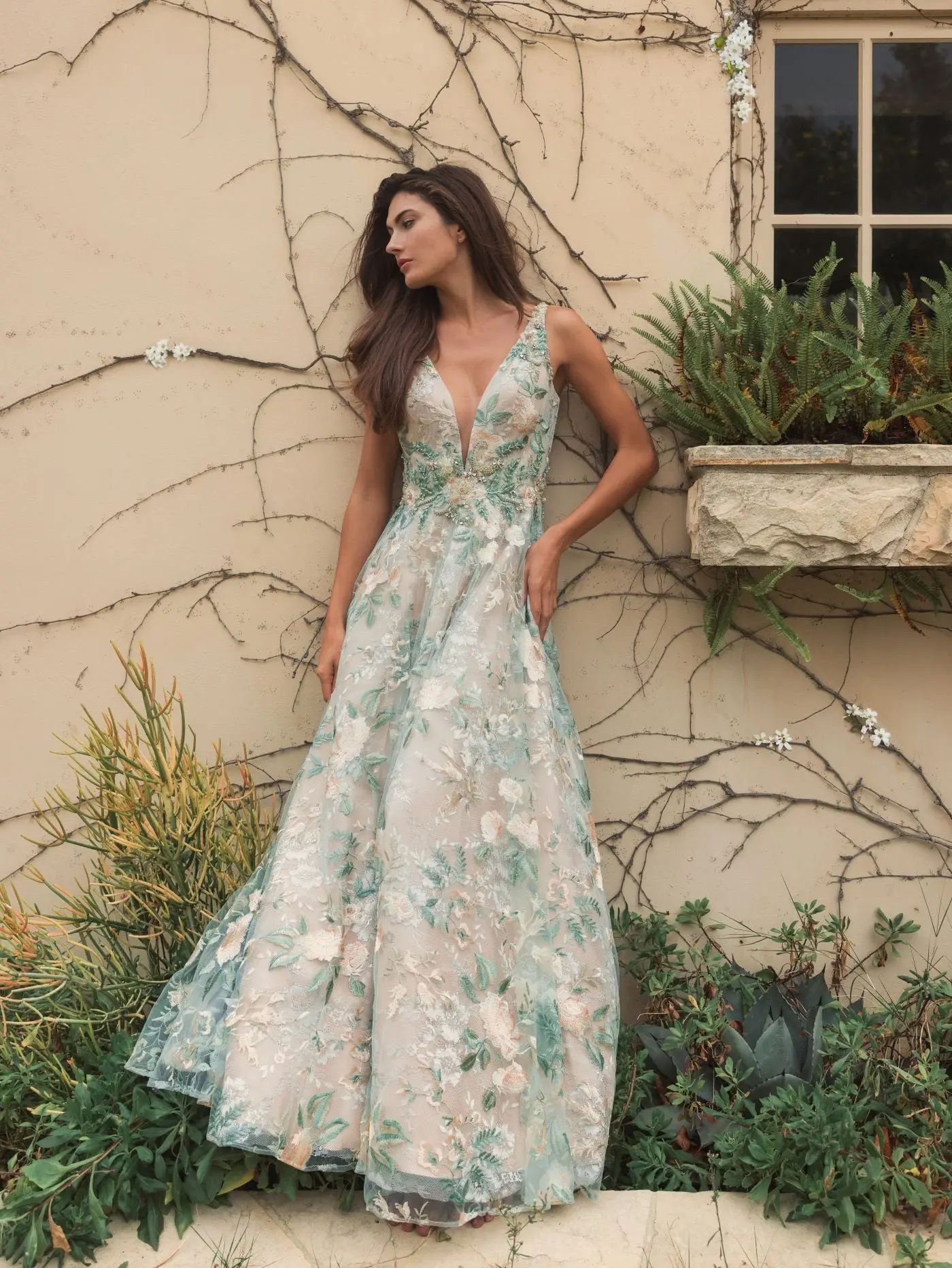 Multicolor Floral Embroidered Illusion V-Neck Gown - Image 5