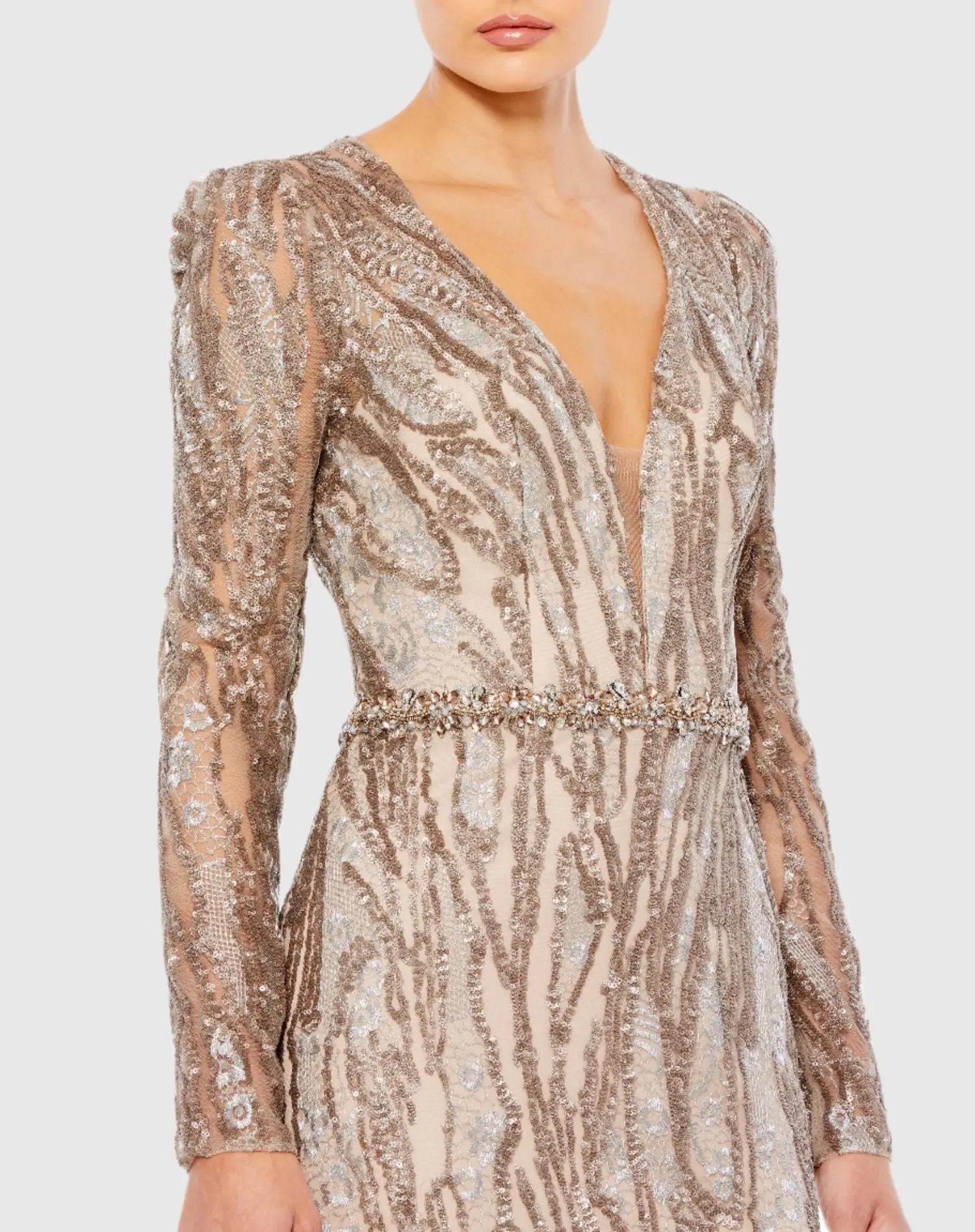 Beige Embellished Long Sleeve Plunge Neck Trumpet Gown - Image 2