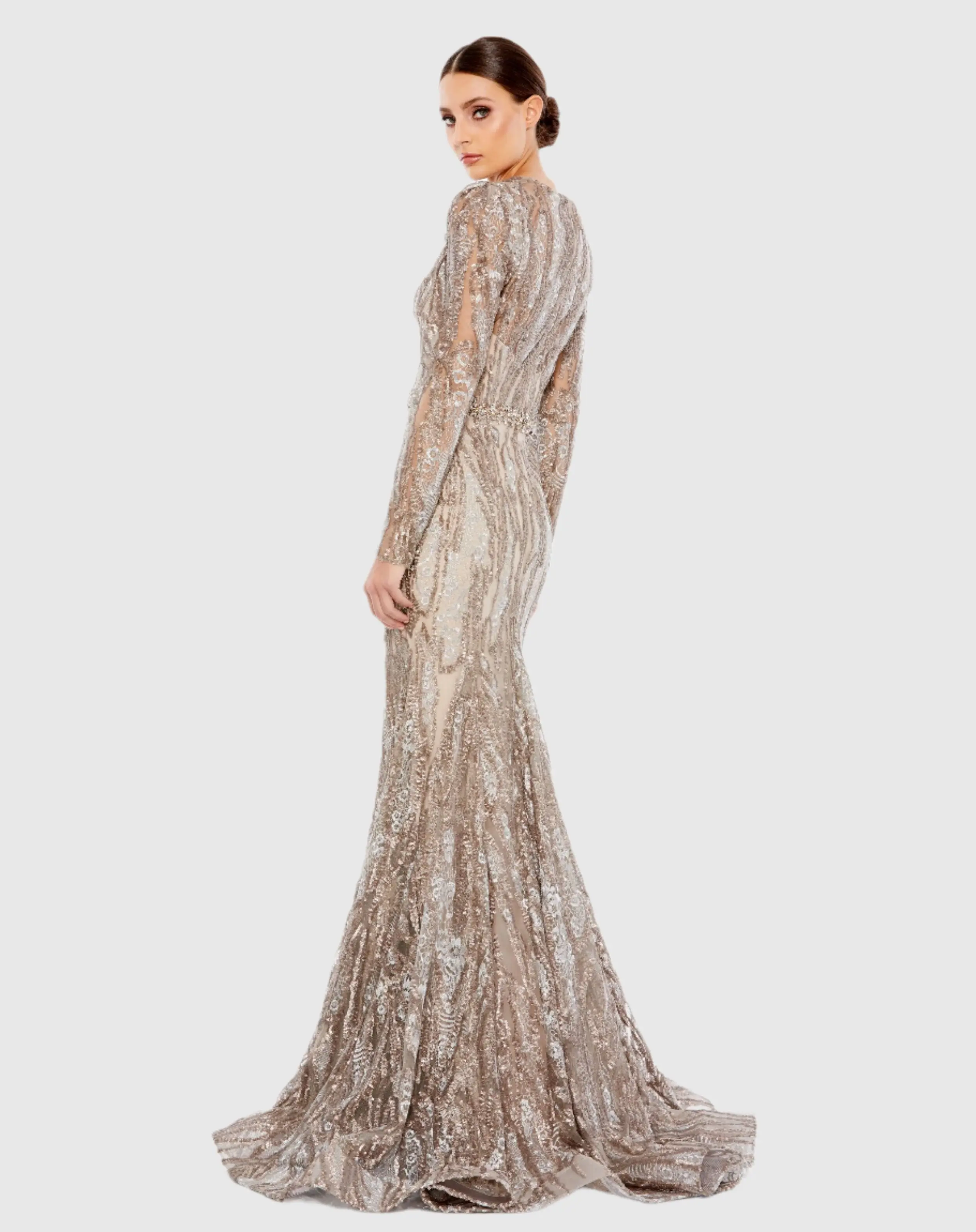 Beige Embellished Long Sleeve Plunge Neck Trumpet Gown - Image 3