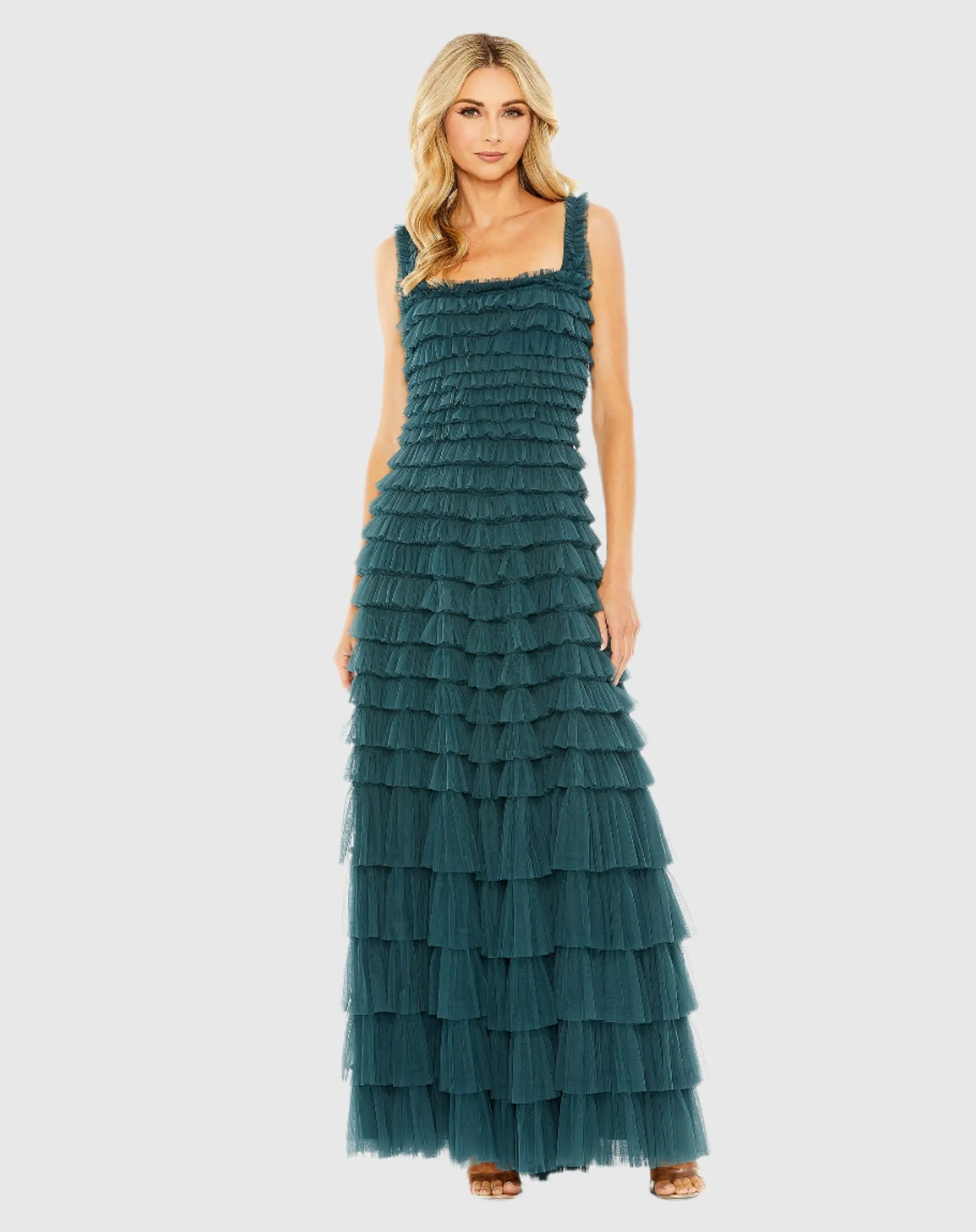 Teal Sleeveless Ruffle Layered Gown