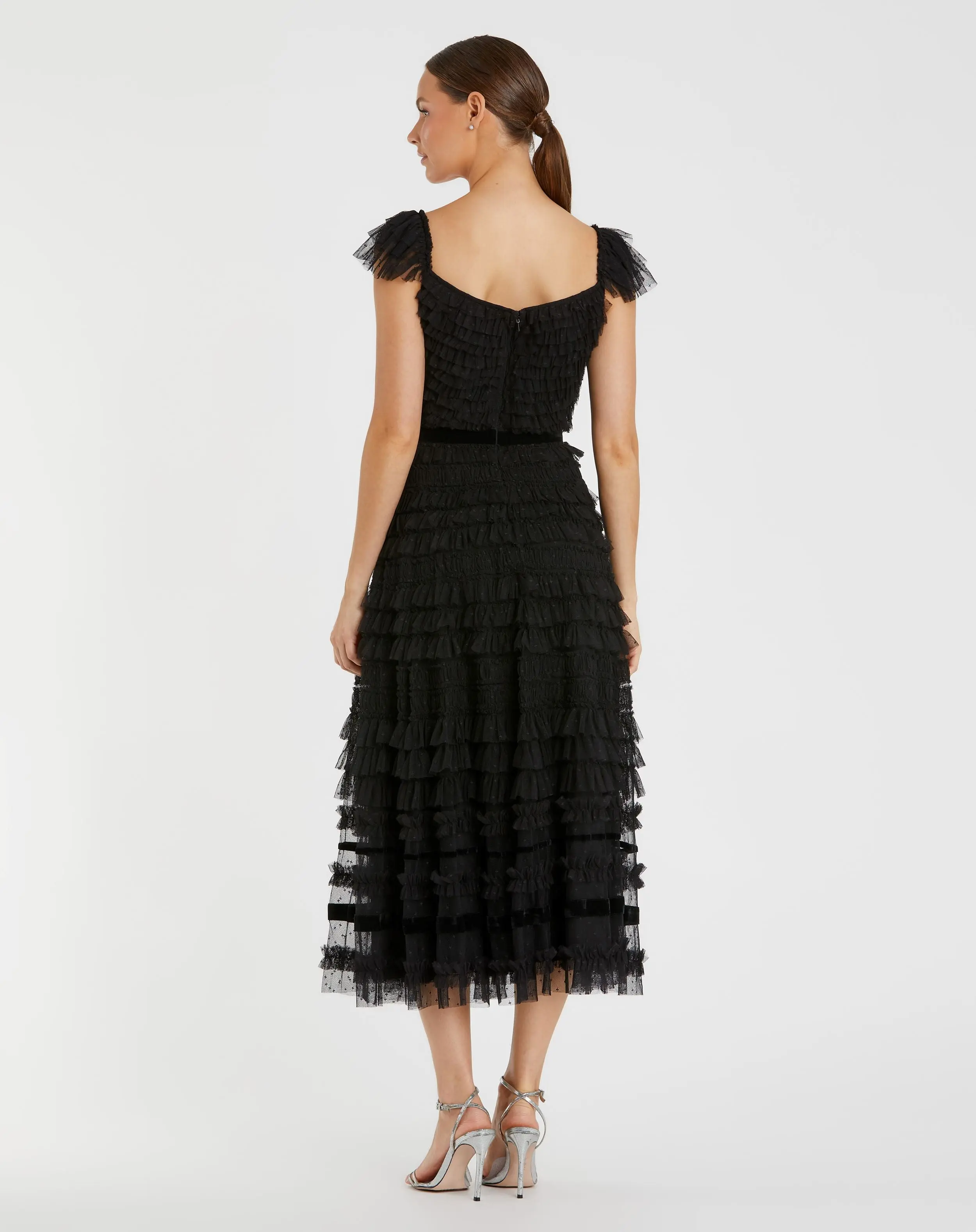 Black Ruffle Cap Sleeve Tiered Midi Dress - Image 3