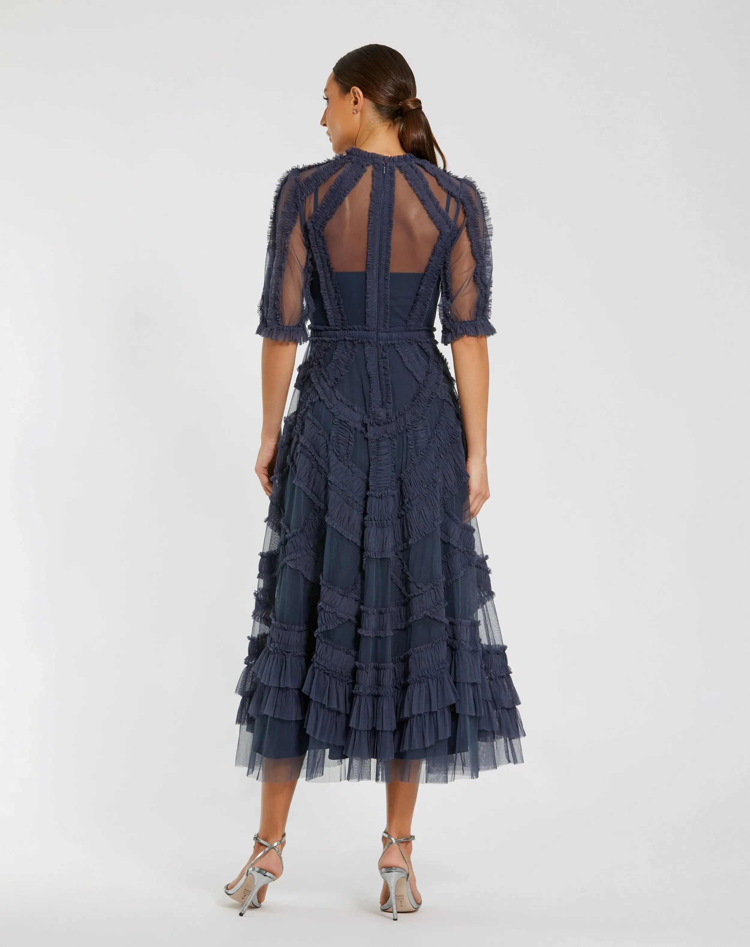 Navy High Neck Ruffle Tiered A-Line Midi Dress - Image 3