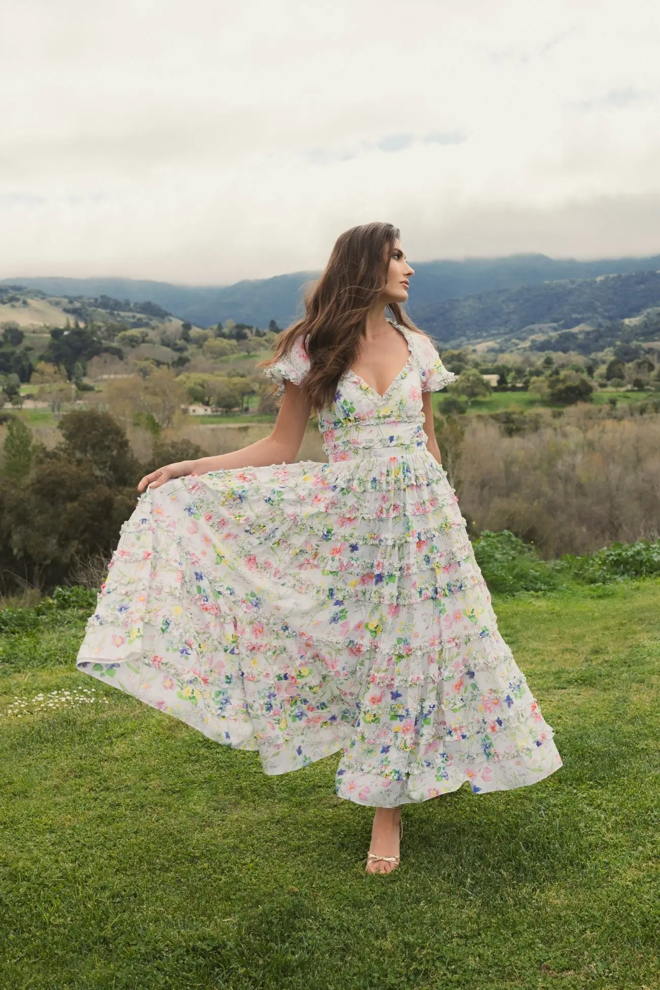 White Floral Ruffle Cotton Midi Dress - Image 4