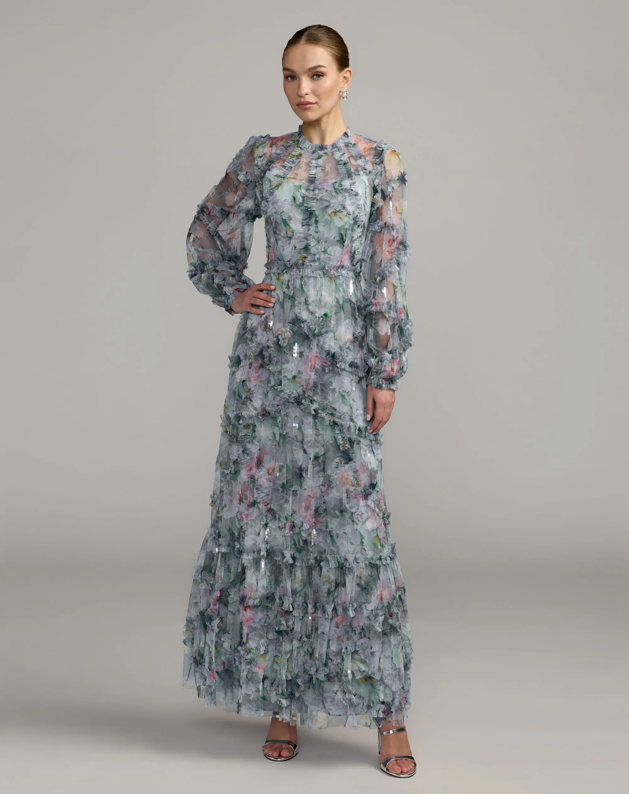 Blue Floral Long Sleeve High Neck Ruffle Maxi Dress