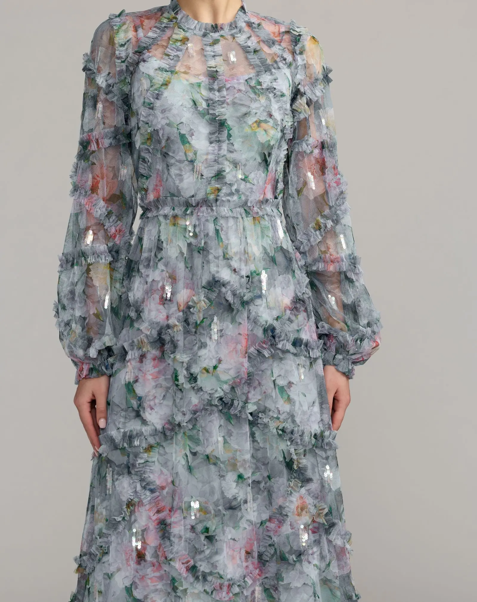 Blue Floral Long Sleeve High Neck Ruffle Maxi Dress - Image 2