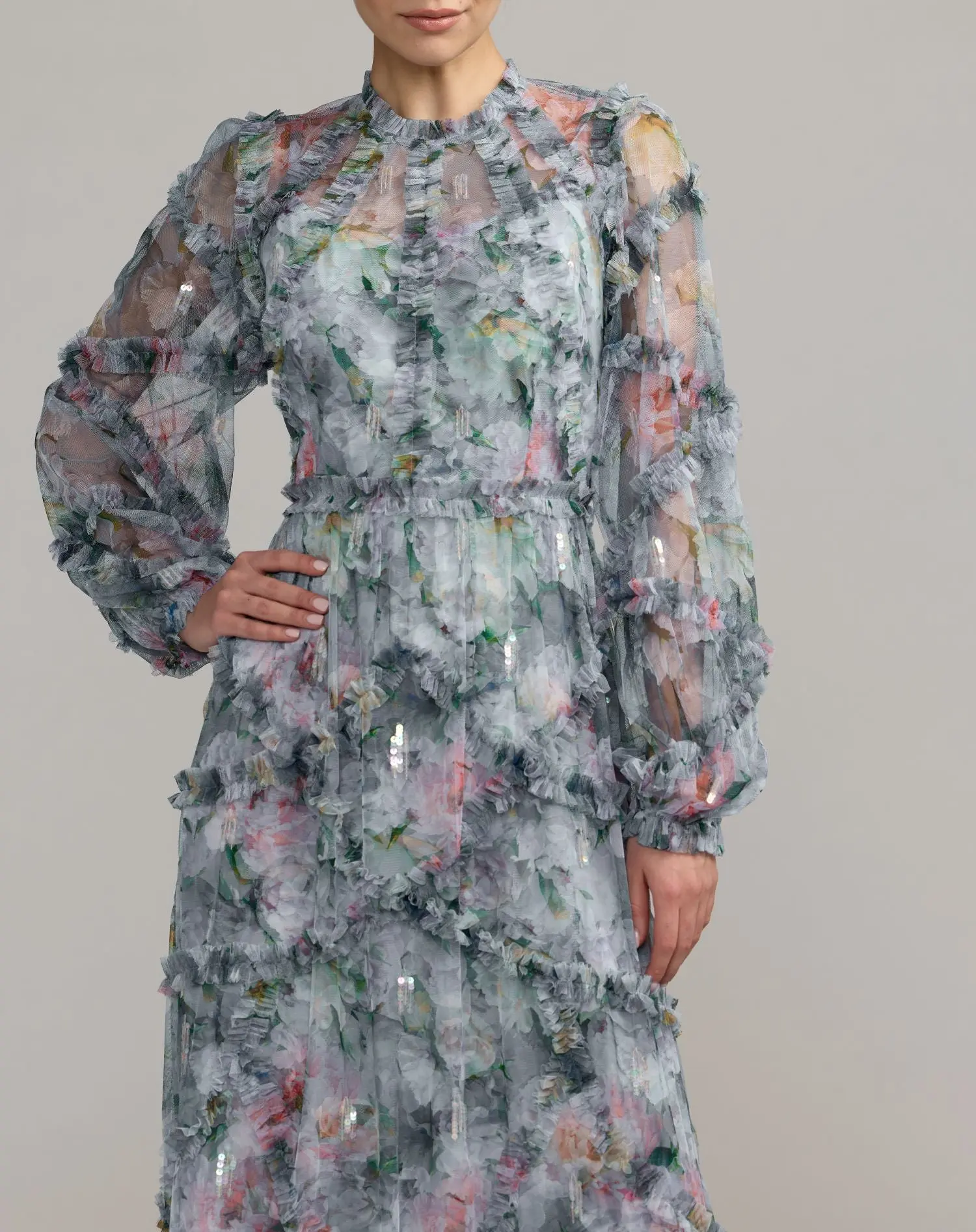 Blue Floral Long Sleeve High Neck Ruffle Maxi Dress - Image 3