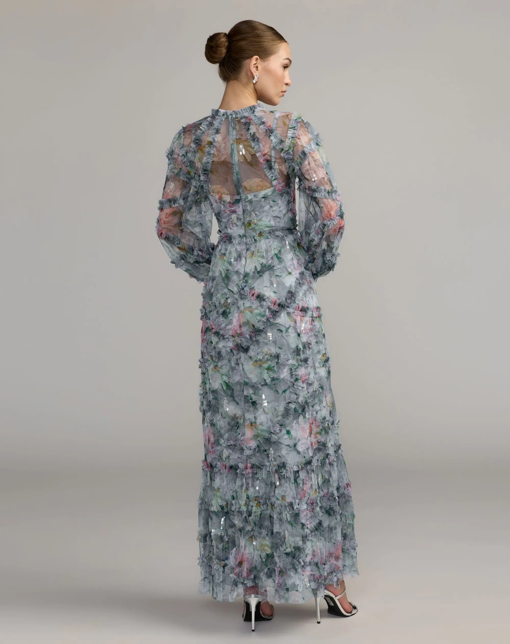 Blue Floral Long Sleeve High Neck Ruffle Maxi Dress - Image 4
