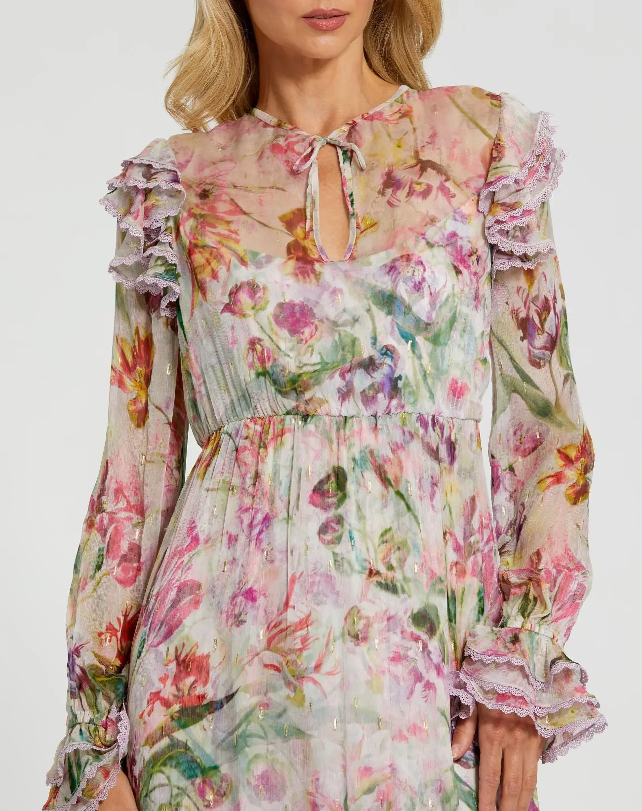 Multicolor Long Sleeve Ruffle Detail Floral Shift Dress - Image 2