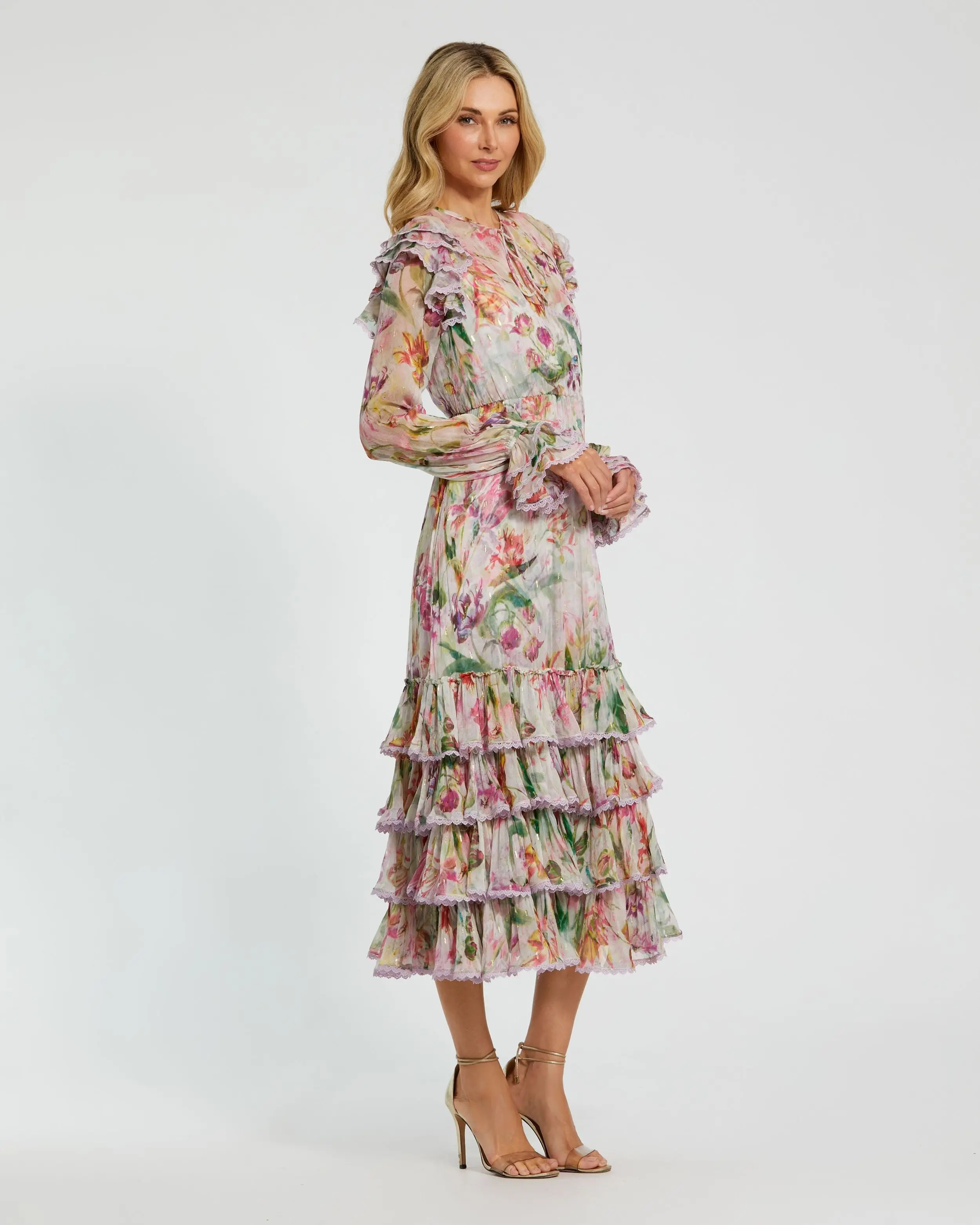 Multicolor Long Sleeve Ruffle Detail Floral Shift Dress - Image 3