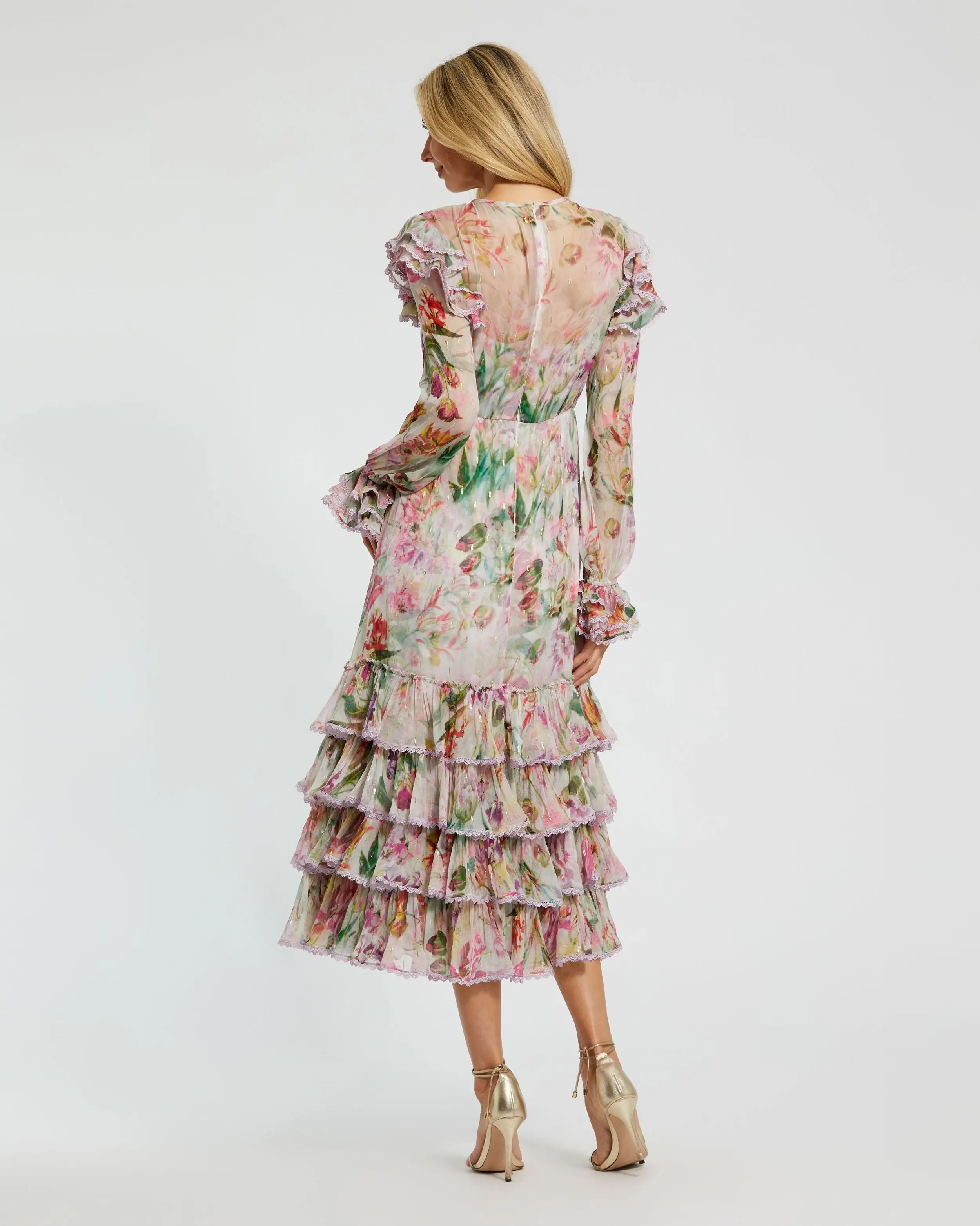 Multicolor Long Sleeve Ruffle Detail Floral Shift Dress - Image 4