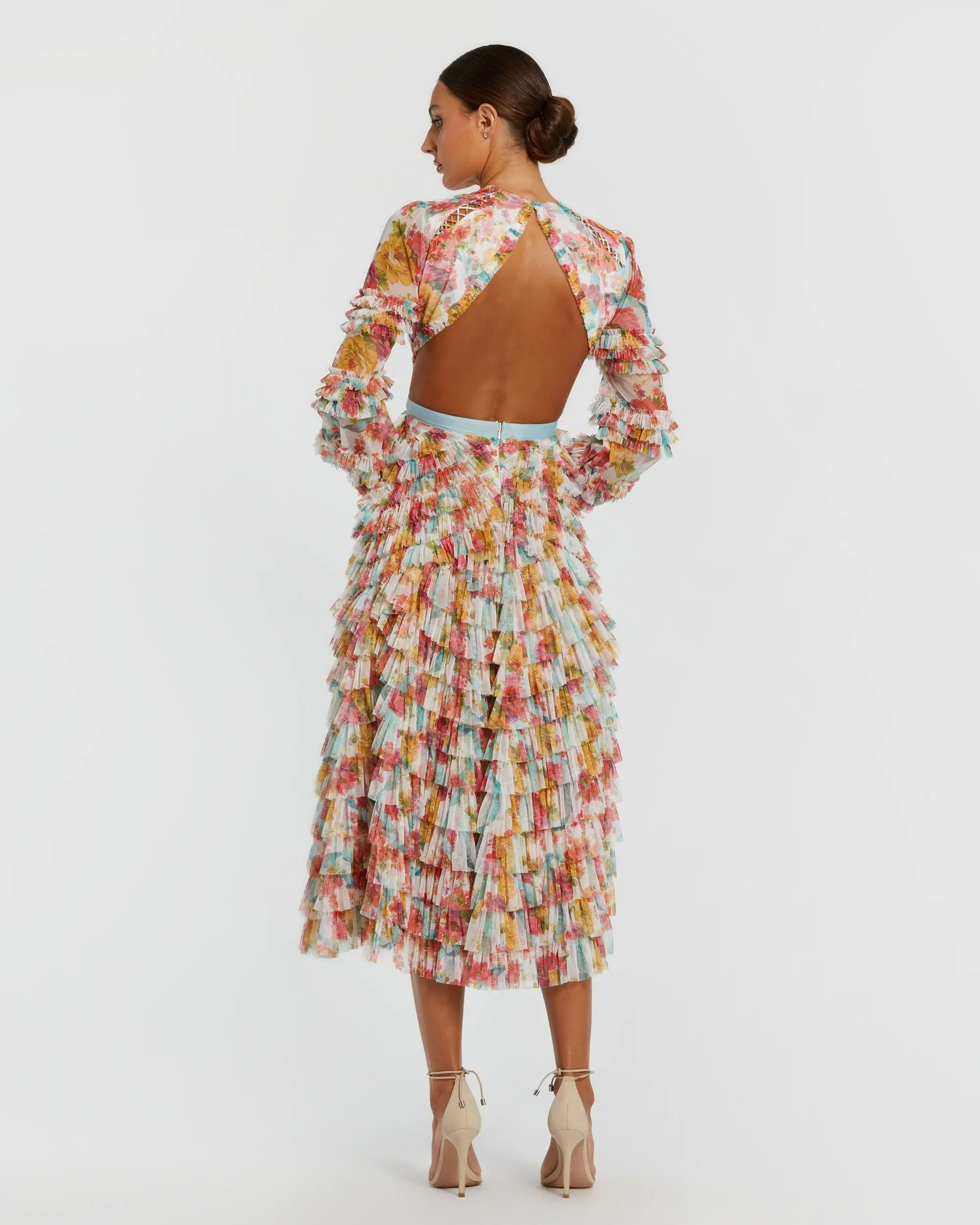 Multicolor Long Sleeve Ruffle Criss Cross Midi Dress - Image 2