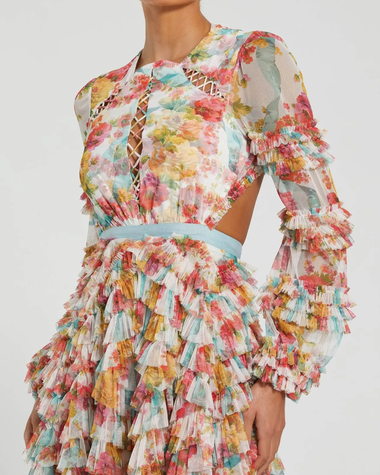 Multicolor Long Sleeve Ruffle Criss Cross Midi Dress - Image 3