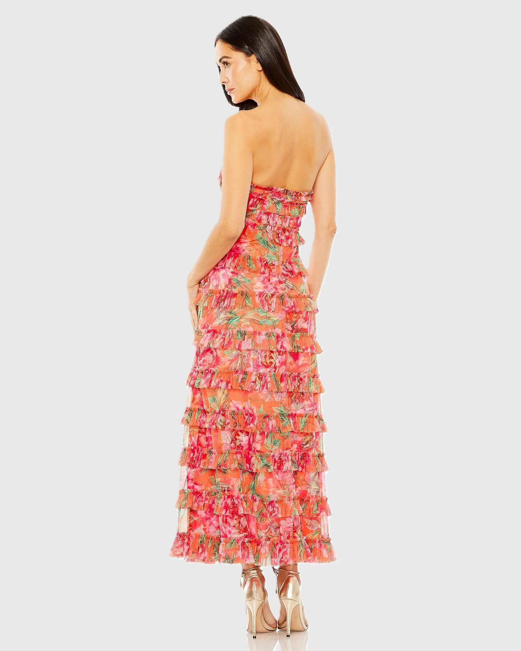 Multicolor Strapless Floral Micro Ruffle Maxi Dress - Image 3