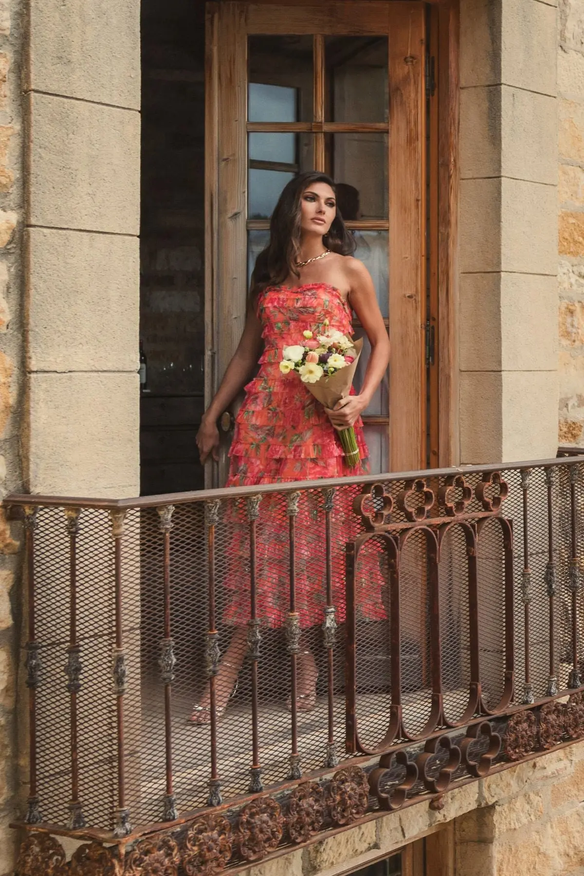 Multicolor Strapless Floral Micro Ruffle Maxi Dress - Image 4