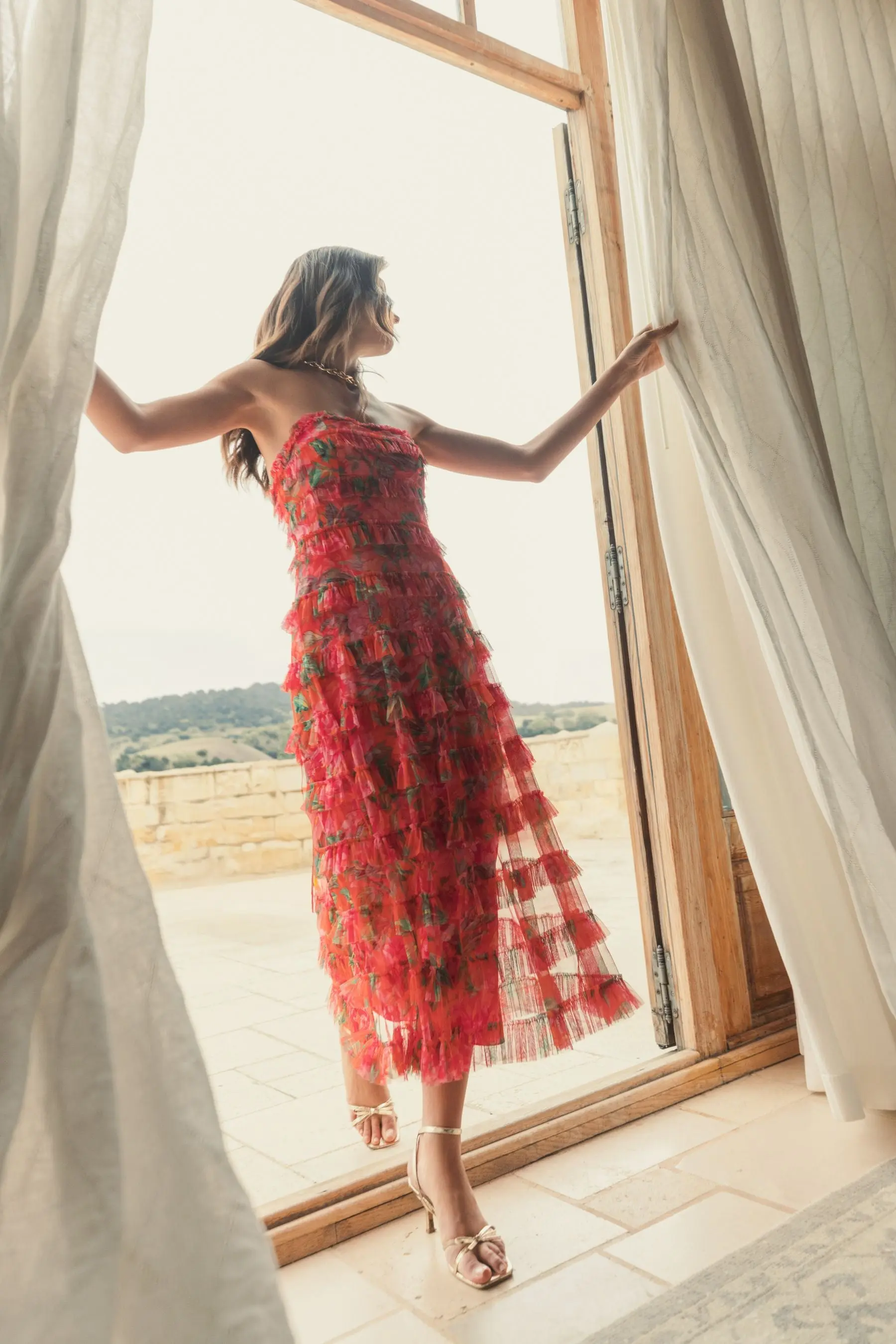 Multicolor Strapless Floral Micro Ruffle Maxi Dress - Image 6