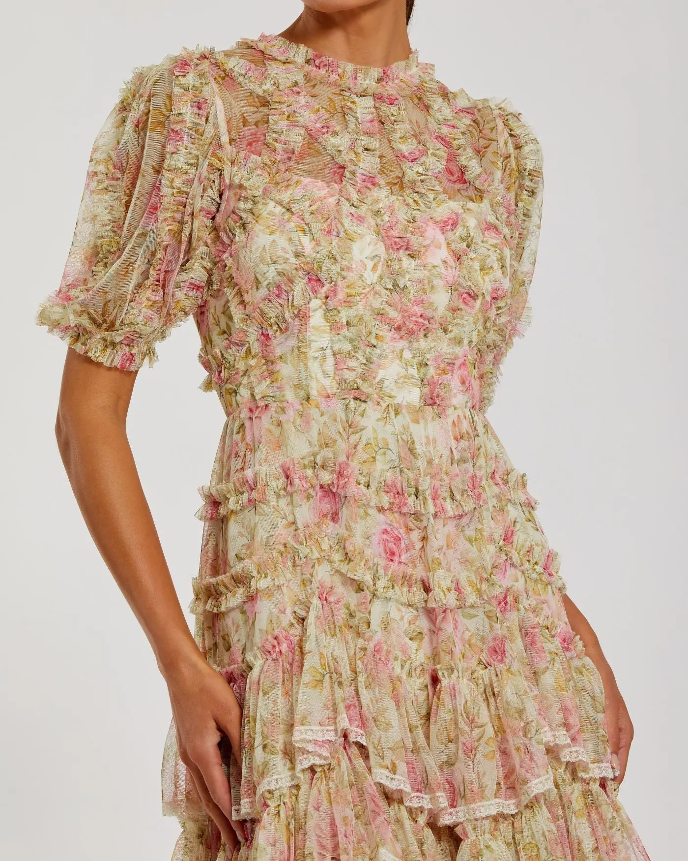 Beige Floral High Neck Midi Dress with Lace Trim - Image 2